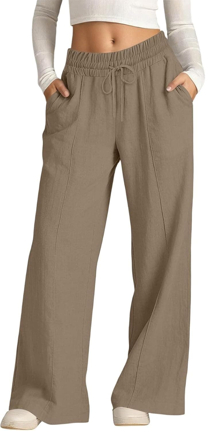 Leinenhose Damen Lang Leicht Sommerhose Casual Musselin Hosen Damen Elegant Leinen Stoffhose Einfarbig Bequem Freizeithose mit Taschen Strandhose Sommer Luftige Weite Bein Palazzo Sporthose