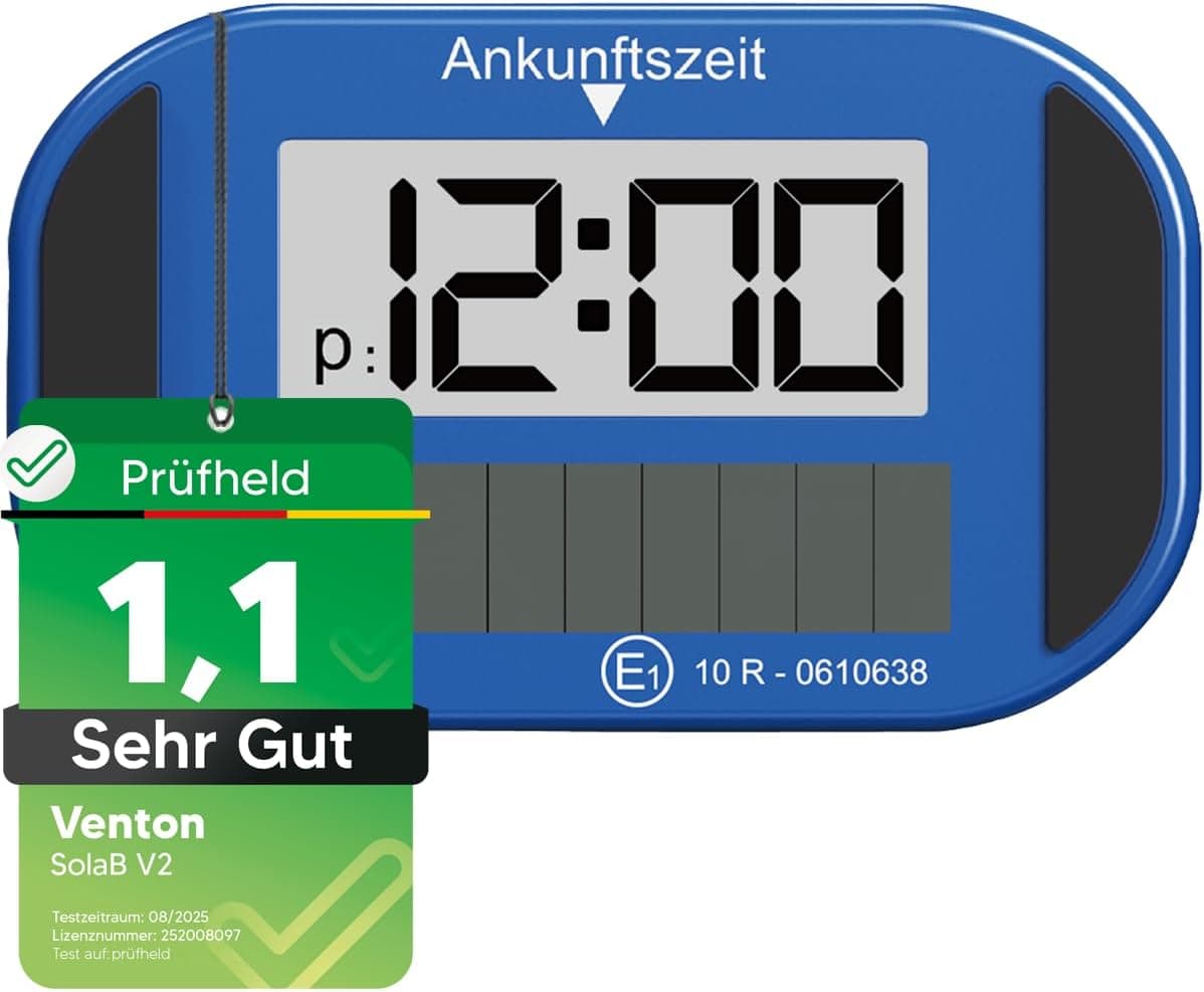 VENTON [Test SEHR GUT, Note 1.1] Elektronische Solar Parkscheibe mit Zulassung, Automatische Digitale Parkuhr Elektrisch für alle PKW, Auto Zubehör Innenraum & Gadgets Digital Solar-Parkscheibe