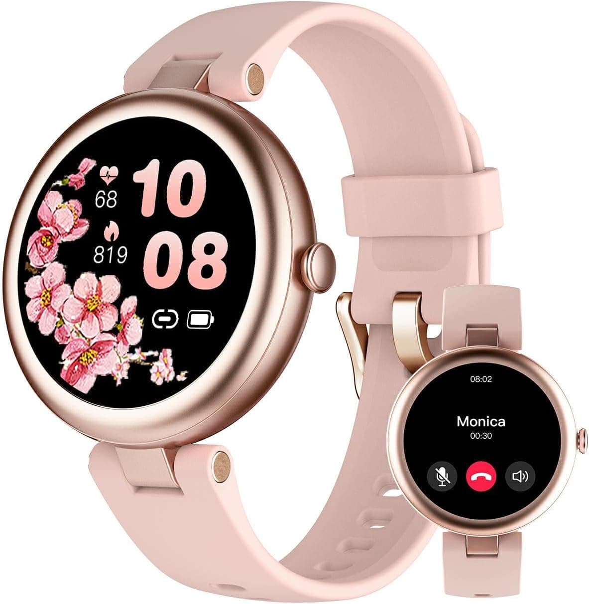 Smartwatch Donna Piccolo Smart Watch Rotondo Orologio Fitness Donna Contapassi da Polso con Cardiofrequenzimetro Saturimetro Orologio Sportivo Ciclo Mestruale per Android iOS Ragazza Rosa