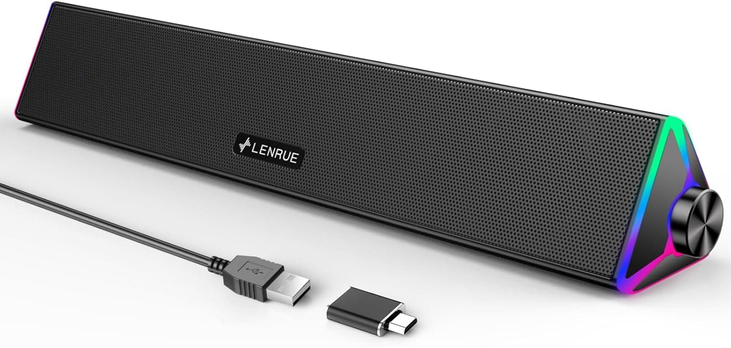 LENRUE PC Speakers,Computer Speakers with Single USB for Power and Stereo Sound,PC Soundbar with Touch Lights,Gaming Speaker for Desktop,Laptop (USB-C Adapter Included)