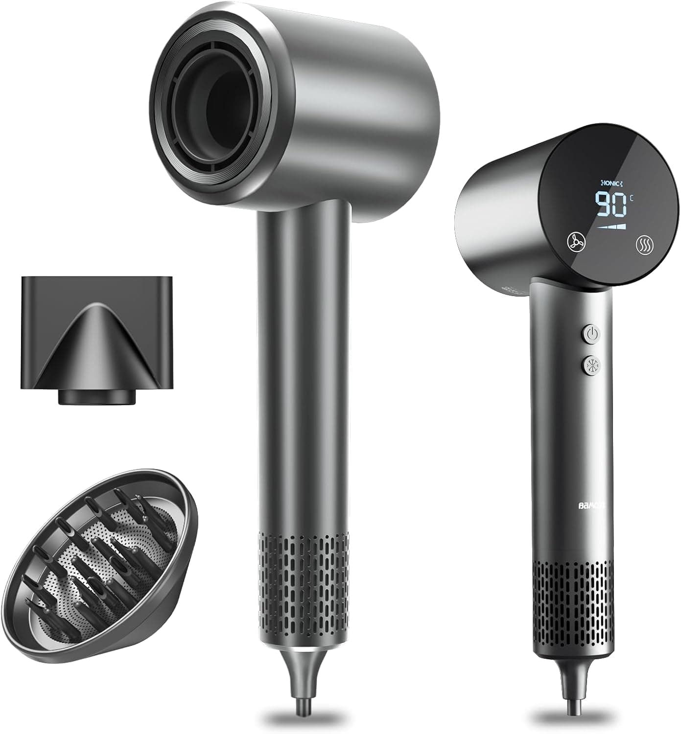 Phon Capelli Asciugacapelli Professionale Ionico 1500W per viaggio HD temperatura touch screen ionico 4 impostazioni di temperatura e 3 di velocità(Grigio)