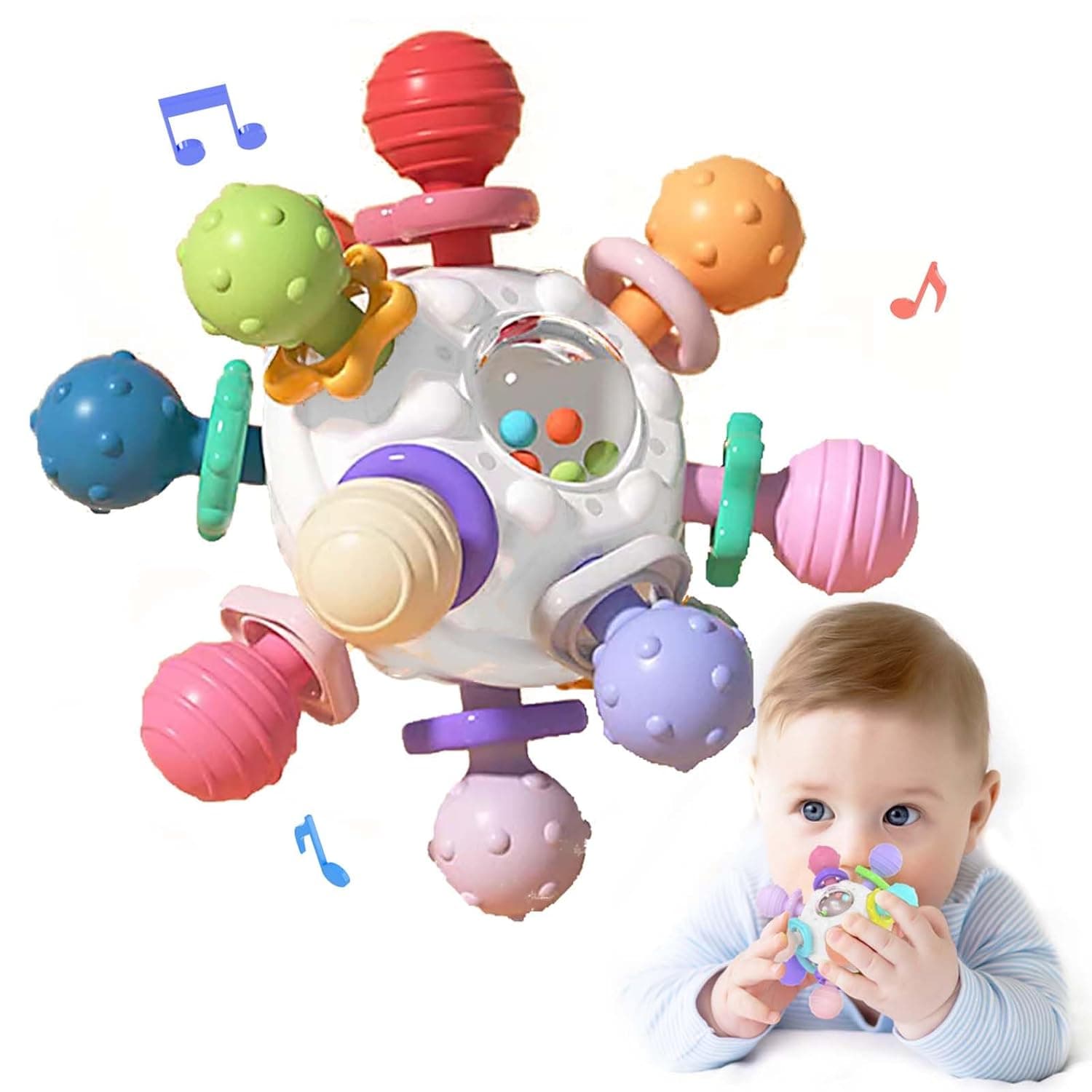 Beißspielzeug Baby ab 3 Monate, Sensorik Rassel Greifball Babyspielzeug aus Silikon, Montessori Motorikspielzeug Baby Geschenk ab 0 6 9 Monate 1 jahr (Weiß)