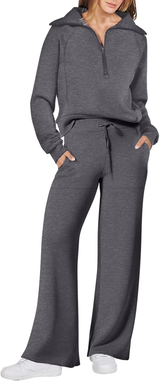 ANRABESS Women’s 2 Piece Outfits Half Zip Sweatshirt & Wide Leg Pants Airport Travel Lounge Matching Sets Sweatsuits Clothing