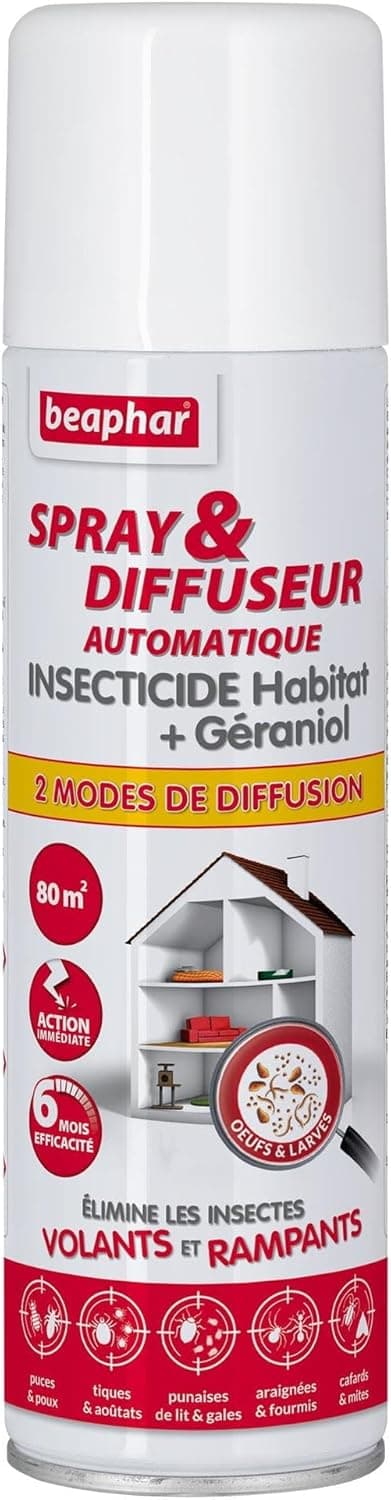 Beaphar – Spray & Diffuseur Automatique Insecticide Habitat – Tue Les Insectes Volants, rampants, Les œufs et Larves – Permet de Traiter 80 m² – Action Longue durée jusqu'à 6 Mois – Flacon 250 ML