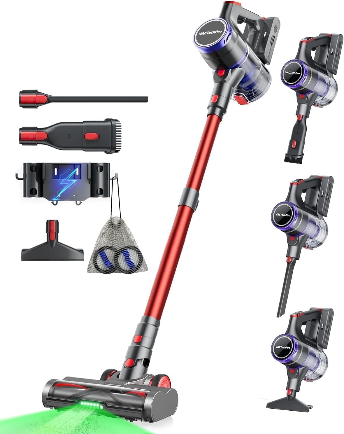 VACTechPro Aspirateur Balai sans Fil 55KPa/600W, 70Min d’Autonomie, Aspirateur sans Fil avec Réservoir à Poussière de 1.6L, Filtration à 8 Couches, Brosse à Sol Anti-Tangle, Violet et Rouge