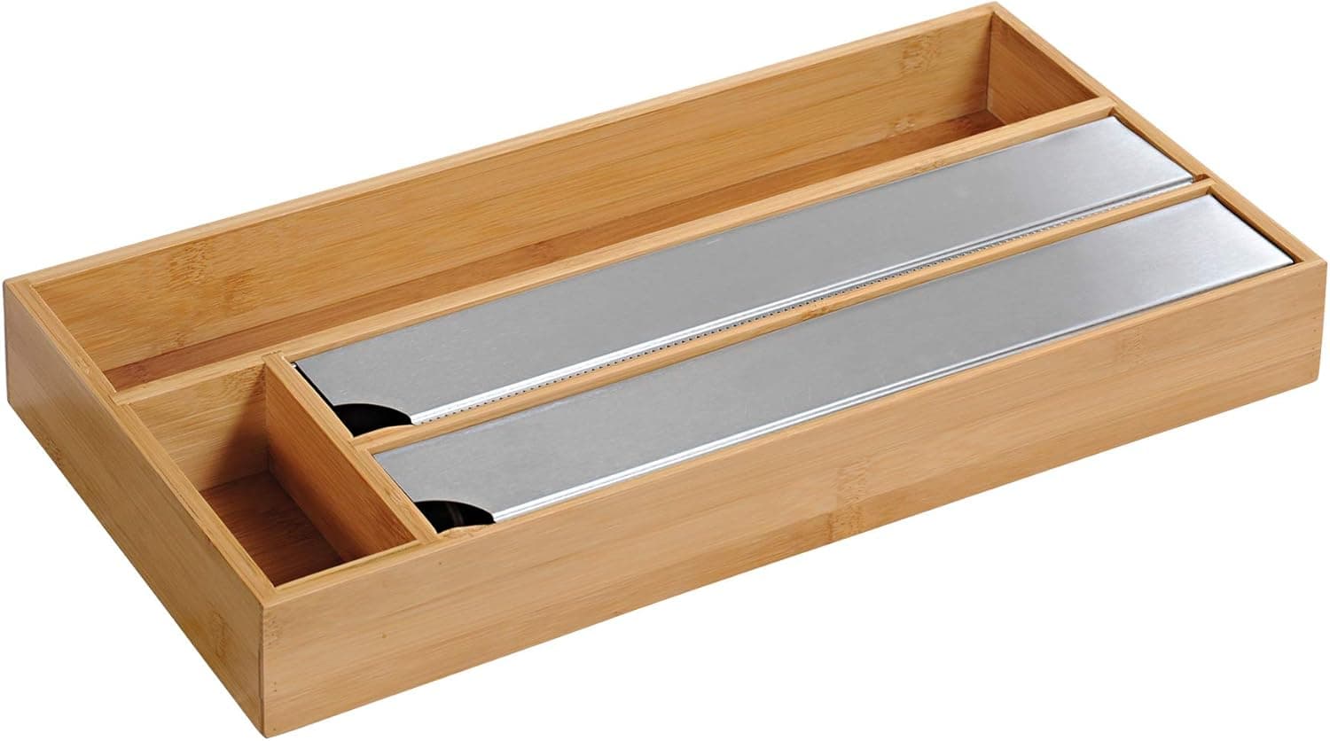 Kesper Folienspender aus FSC-zertifiziertem Bambus – 3-in-1 Organizer für Alufolie, Frischhaltefolie & Backpapier – mit Edelstahl-Abreißkanten & Zusatzfach – 42 x 19 x 5,4 cm - 5804113