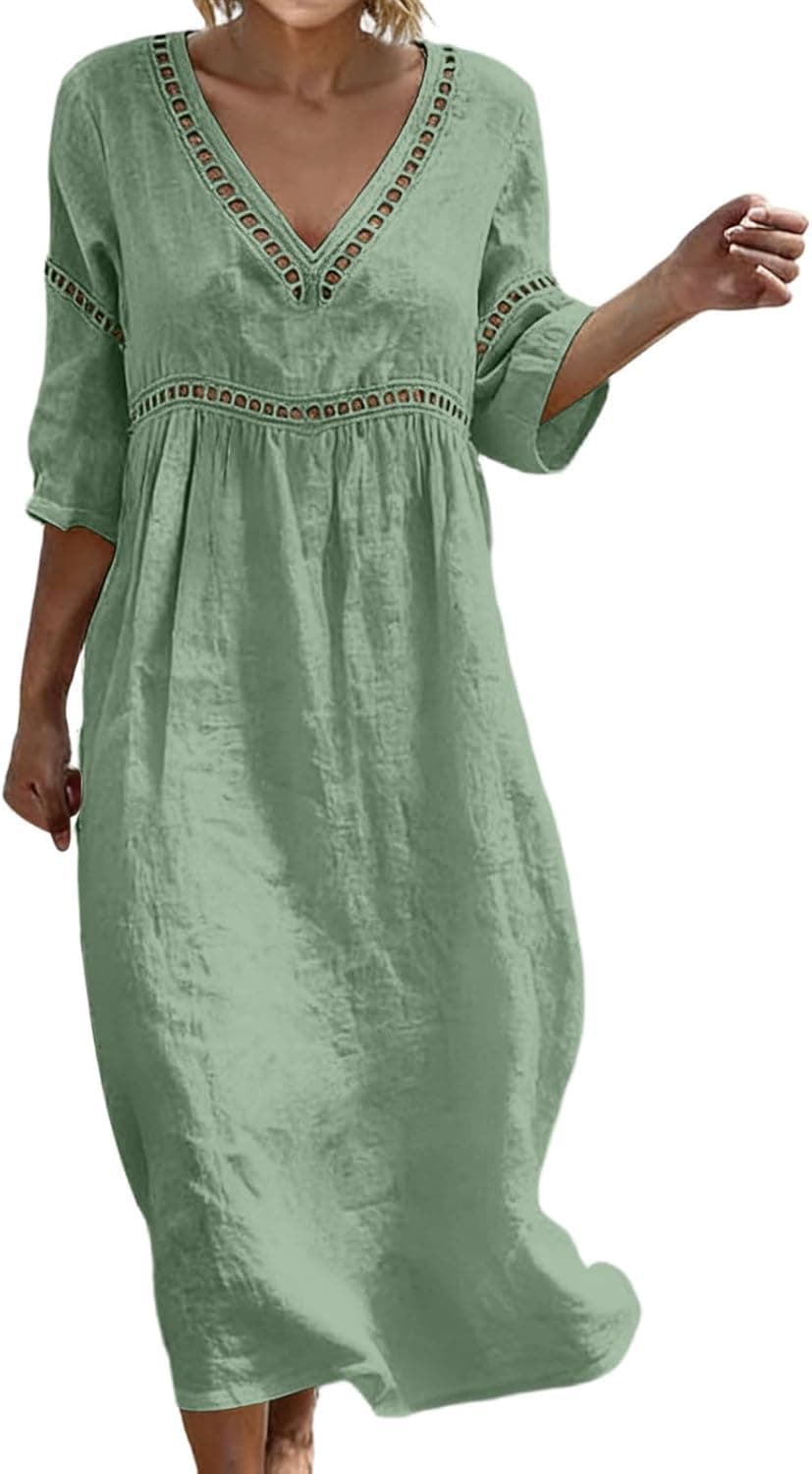 Sommerkleid Damen Midi 3/4 Arm V-Ausschnitt Strandkleid Mode Freizeitkleid Casual Lockere Urlaubskleid Baumwolle Bequem Blusenkleid Einfarbig Shirtkleid Lässig A Linie Kleid