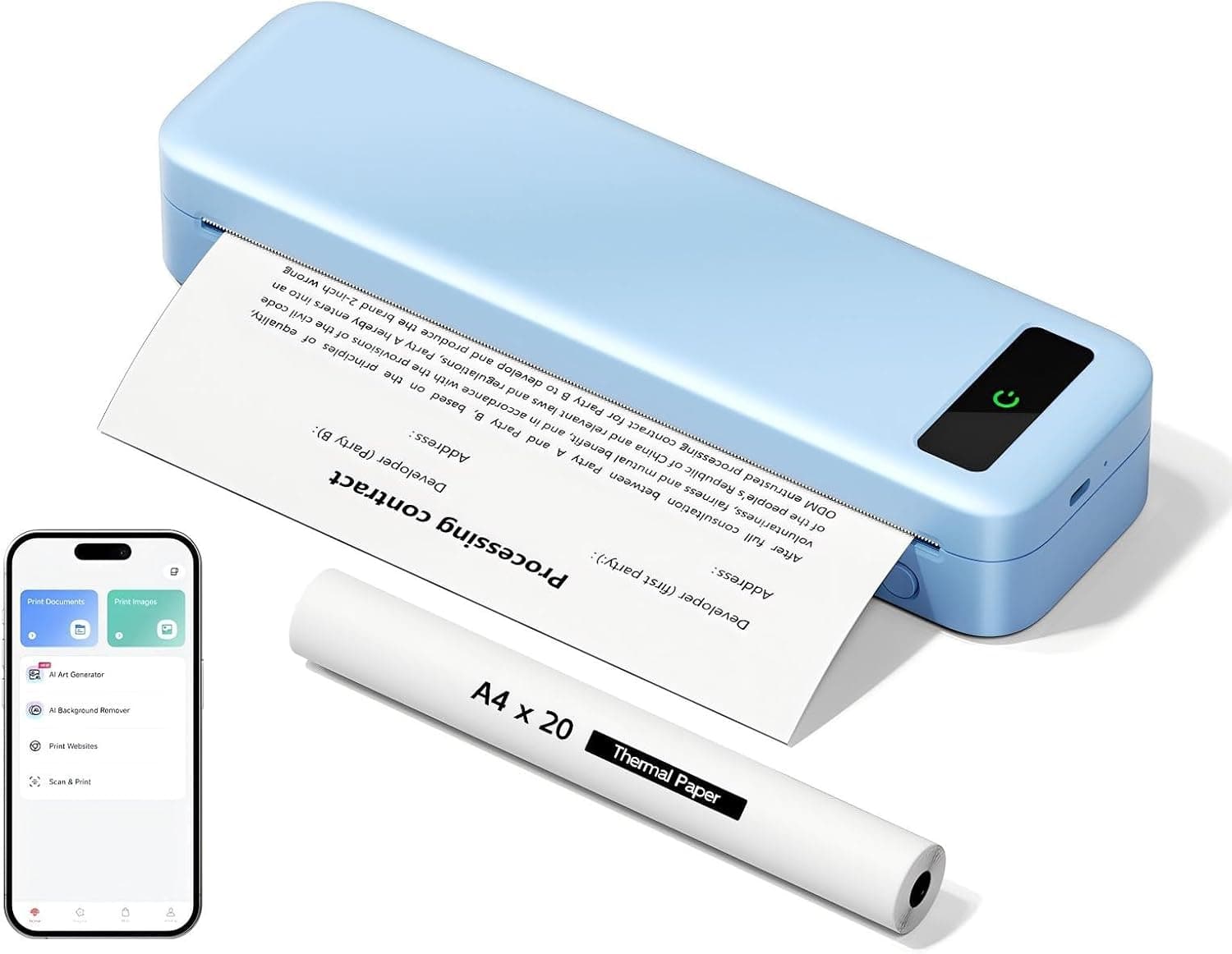 Imprimante Thermique Portable A4 sans Encre - Bluetooth sans Fil Compatible avec iOS et Android - Mini Imprimante Petite pour Papier Thermique 216/210/110/80/53mm, Mac, Windows, Reçus, 599g - Bleu