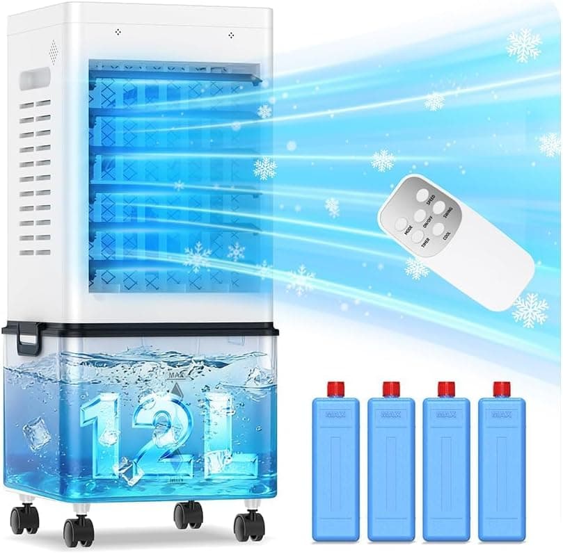 Mobile Air Conditioners 45W, 3-side Air Intake 6 Mode Evaporative Air Cooler 12L Water Tank 24H Timer 60°/120° Oscillation Bladeless Remote Control 4 Ice Box Quiet AC Unit for Home, Bedroom (Black)