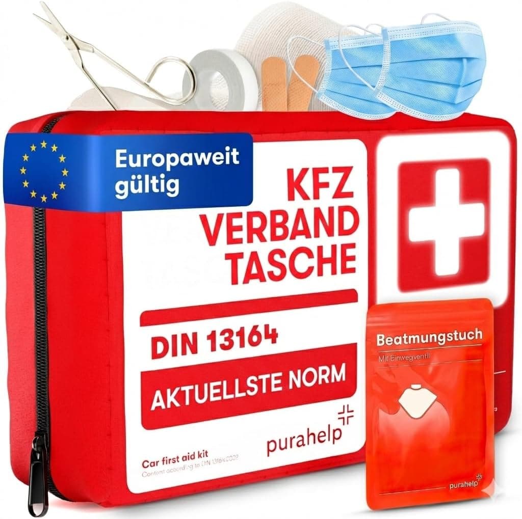 PURAHELP® Verbandskasten Auto inkl. Beatmungstuch [DIN 13164] - Erste Hilfe Set Auto StVO Konform für 2026 - KFZ Verbandskasten & Sanikasten Unterwegs - Notfallset Kompakt - First Aid Kit Car