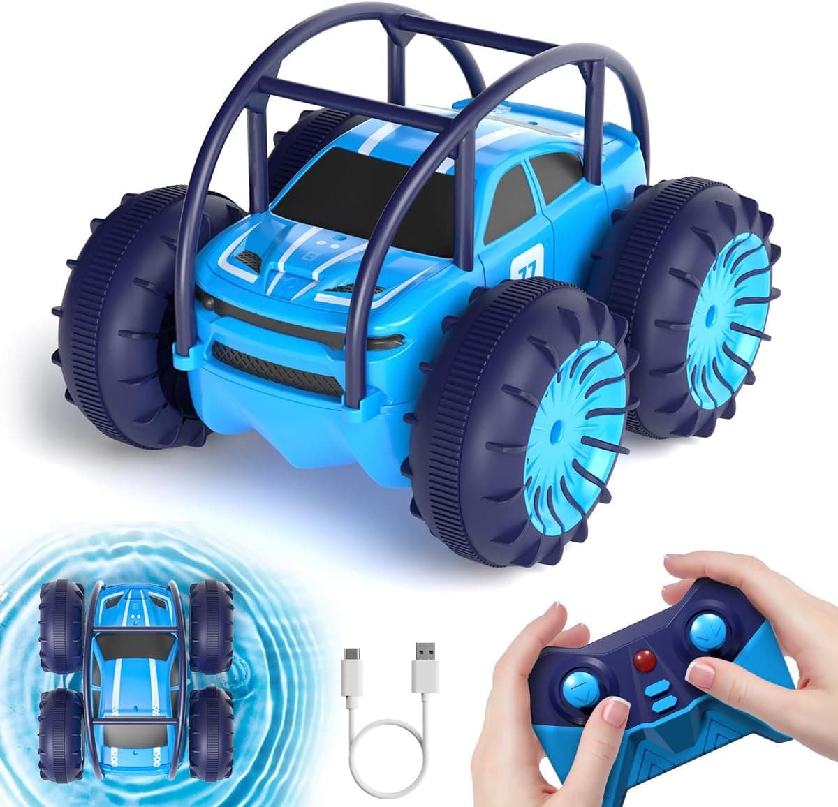 ifollower Direktladung Ferngesteuertes Auto, 15km/h 4WD Amphibienfahrzeug Stunt Auto, 2.4GHZ 360° Drehung Buntem LED-Licht Monstertruck Offroad Spielzeug, Geschenke für Kinder ab 3 Jahre