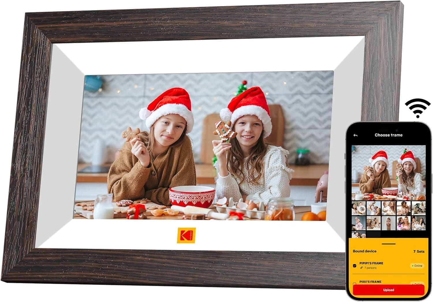 KODAK Cornice Digitale WiFi Cornice Foto Digitale, 7 Pollici HD IPS Touchscreen, Legno Cornici Elettronica con 32GB di Memoria, Portafoto Digitale Condivisione di Foto/Video via APP o Cavo di USB C