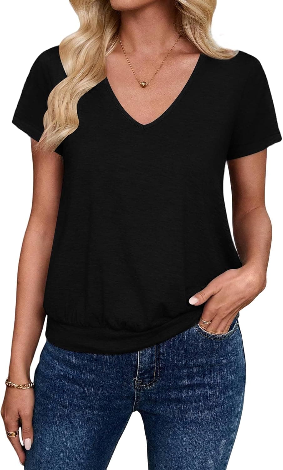 Sialois Short Sleeve Women T Shirts V Neck Banded Bottom Tops Casual Loose Shirts Summer Spring Tee Casual Clothes 2026
