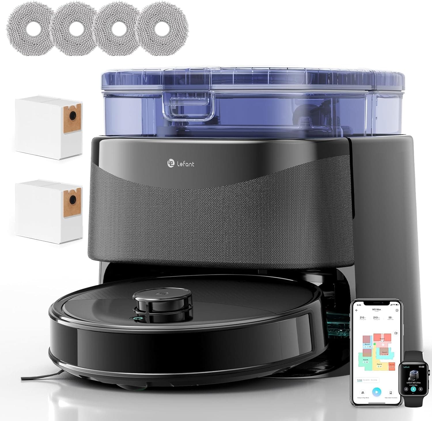 Lefant M3 Ultra Robot Aspirapolvere Lavapavimenti con Mappatura, 23000Pa, LiDAR dToF, Ostacoli PSD, Lavaggio a 75°C e Asciugatura, Stazione All-in-One, Autosvuotamento 3,2L, WiFi 2.4G/5G, Alexa/App