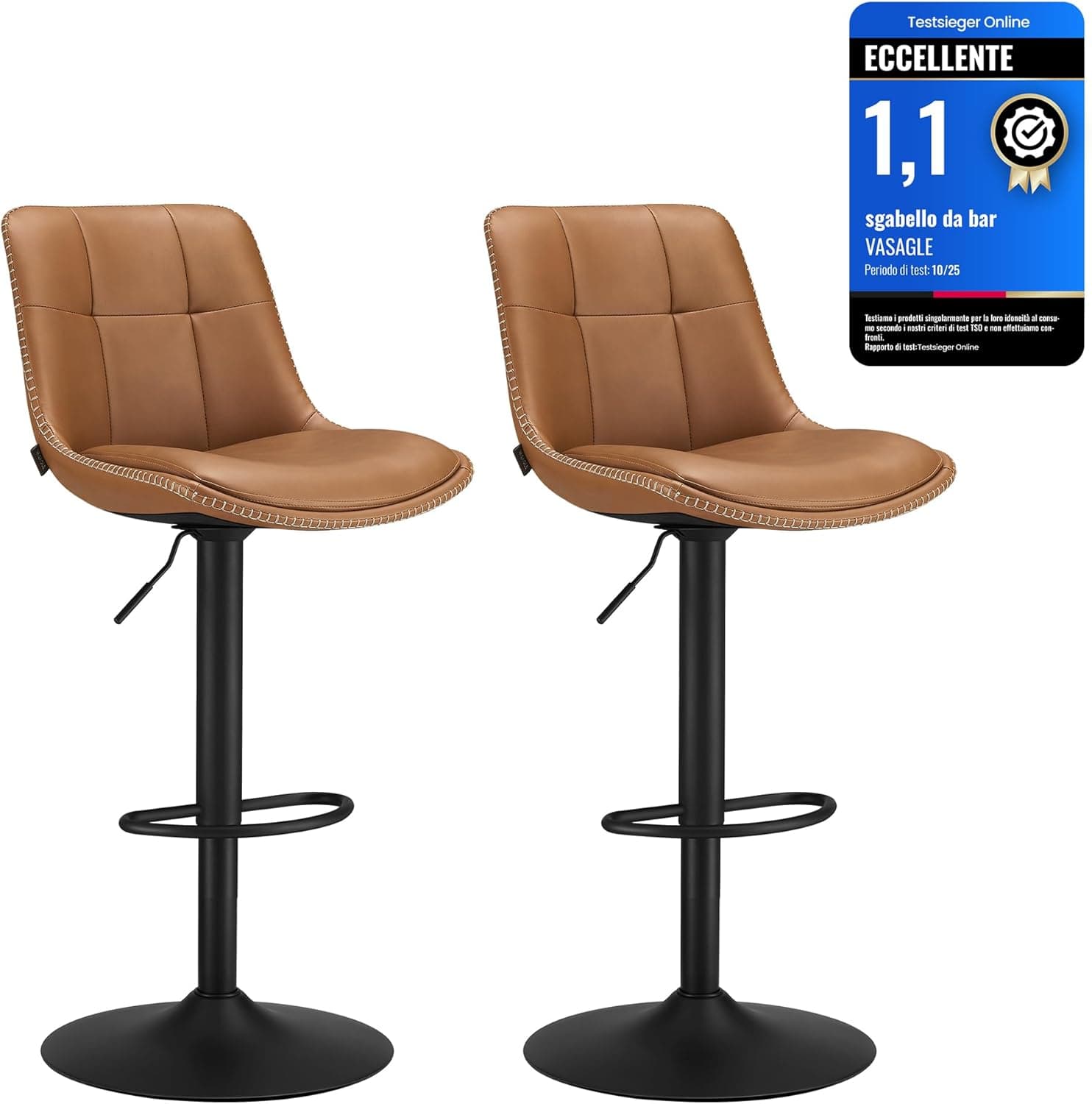 VASAGLE Juego de 2 Taburetes de Bar, Sillas Altas Giratorias Regulables en Altura, Acolchado PU, Sillas de Cocina con Respaldo y Reposapiés, Comedor, Mostrador, Acero, Marrón Caramelo LJB095K01