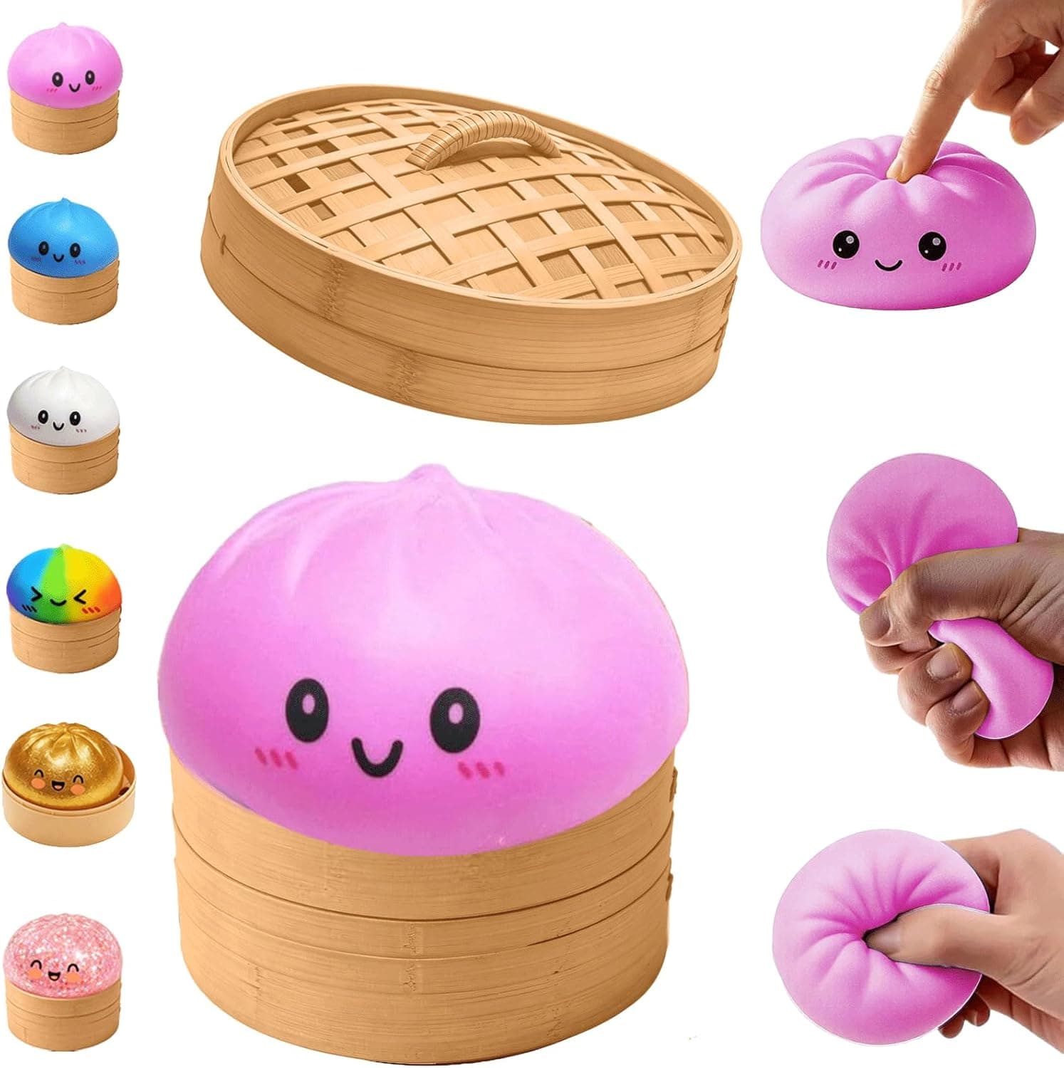 Dumpling Squishy Toy, Big Mystery Dumplings Squishies Box, Cute Bao Bun Fidget Real Office Desk Decor, Soft Sensory Squeeze Ball with Steamer for Anxiety Stress Relief, Surprise Novelty Gift(Pink)