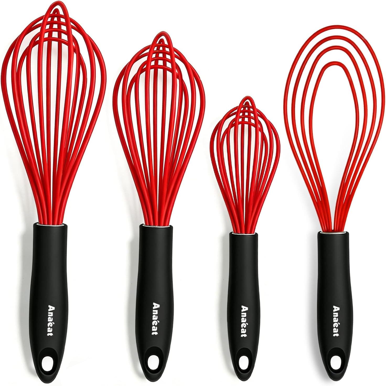 Anaeat Silicone Kitchen Whisk Set of 4, Perfect for Non-Stick Cookware, Milk and Egg Beater Blender for Whisking, Cooking, Baking, Beating - 11'' Flat Whisk and 9''+11''+12'' Balloon Whisks (Red)