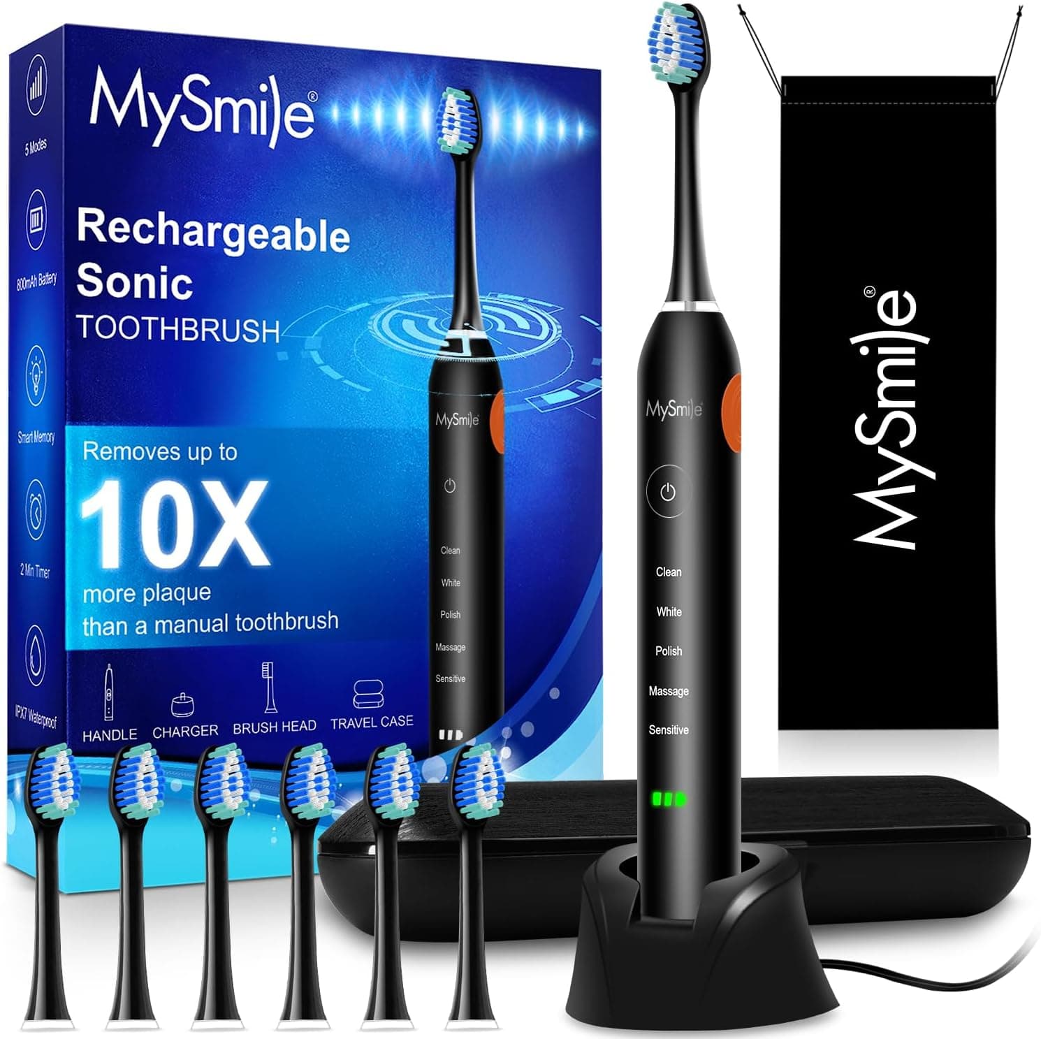 MySmile UC605 Electric Toothbrush for Adults, Rechargeable Sonic Electronic Toothbrush with 6 Brush Heads and Travel Case, 5 Modes 2 Mins Smart Timer, 48000VPM 10X Powerful