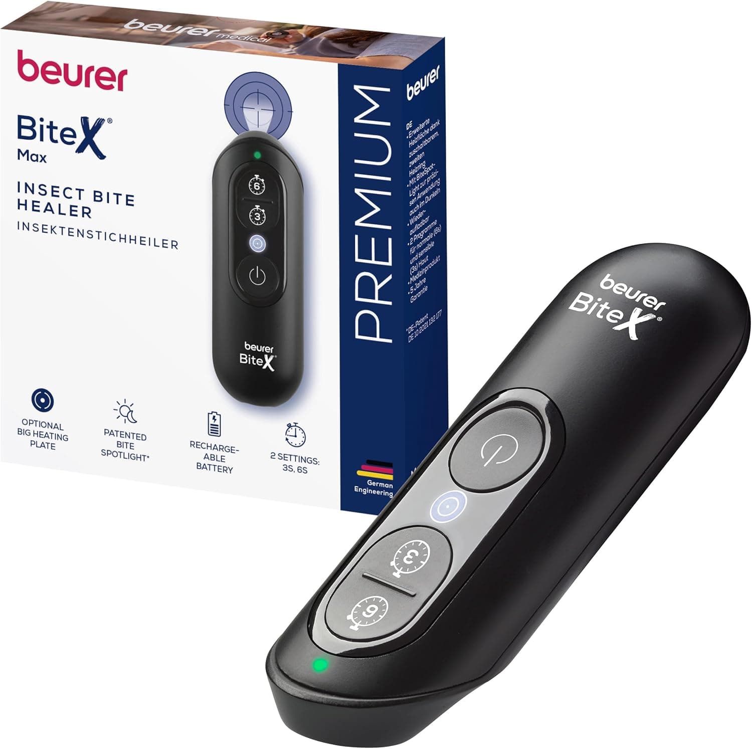 Beurer BiteX Max Deep Black Insektenstichheiler mit größerer Heizfläche, Mückenstich Hitzestift zur Behandlung von Insektenstichen- und bissen, elektronischer Stichheiler, mit Licht und Akku