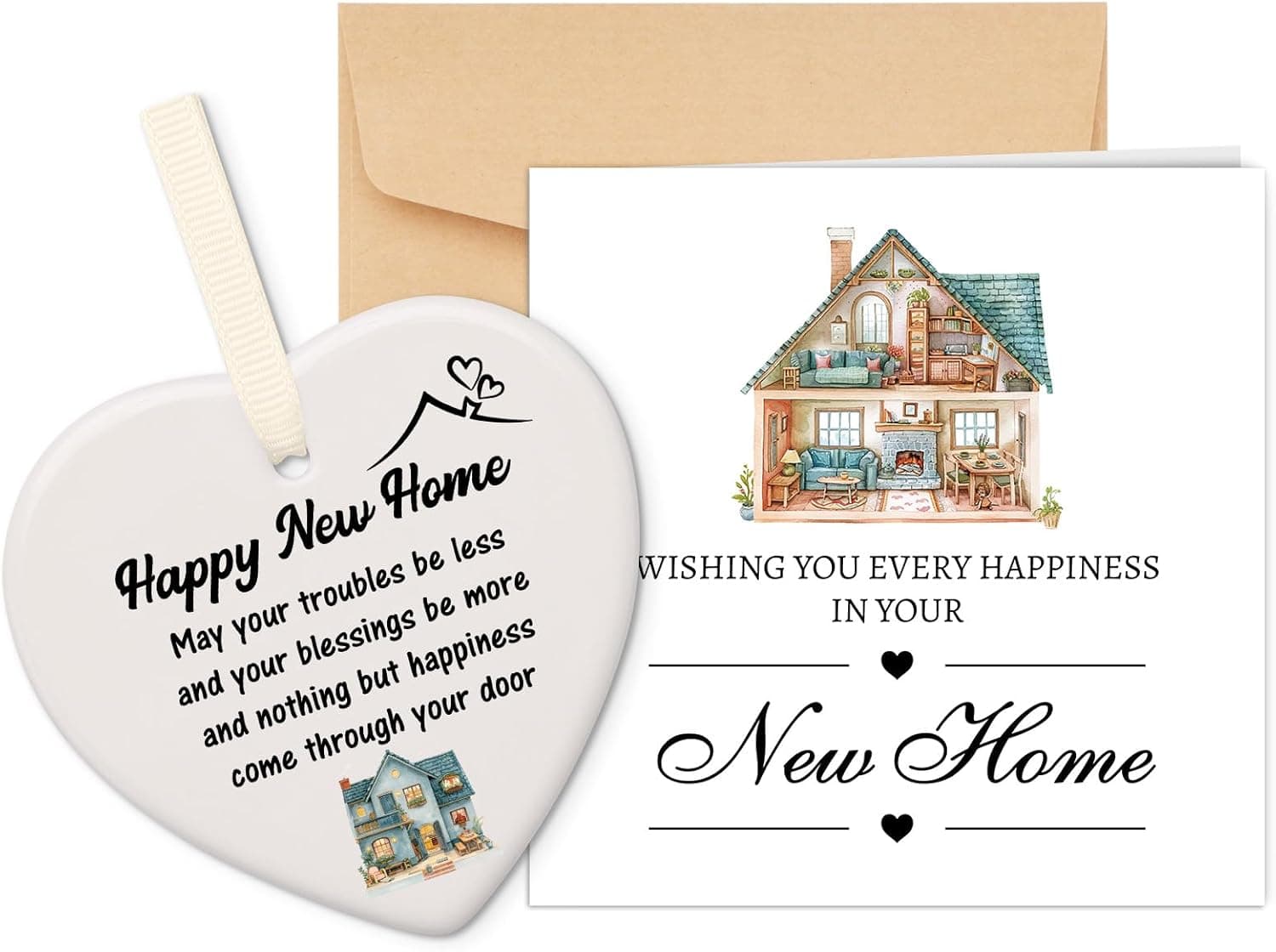 New Home Card with Ceramic Heart Plaque, New Home Gifts,House Warming Card with Envelope,Housewarming Gifts for Women Men Sister Brother Friends Colleague