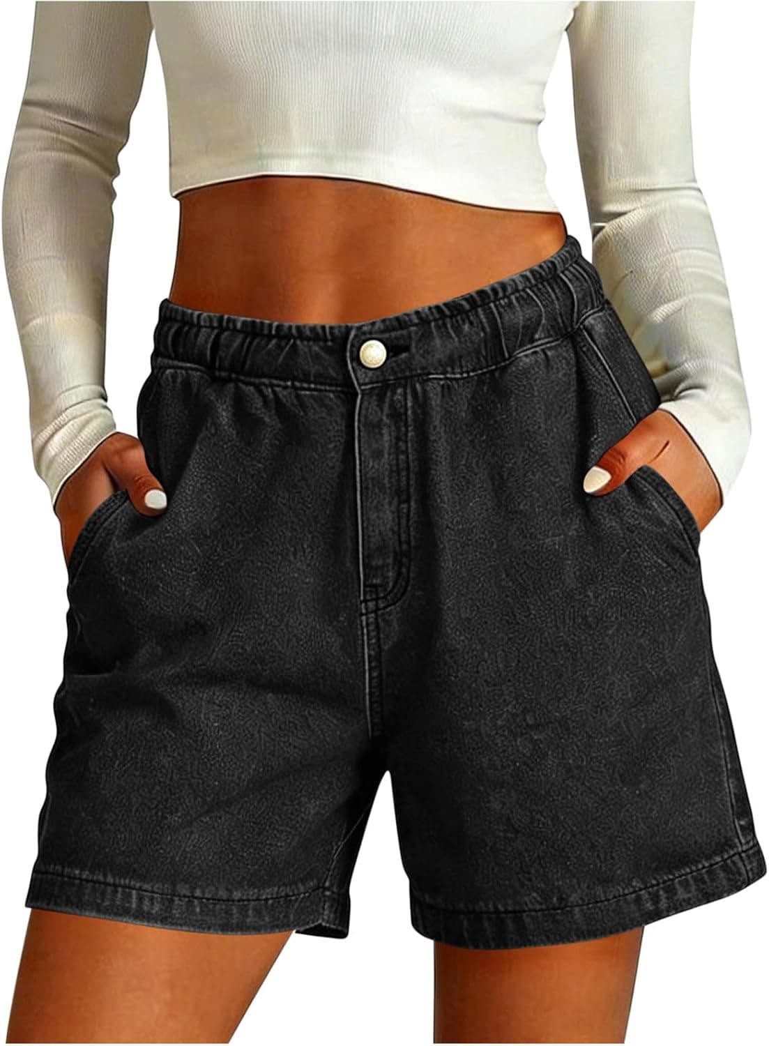 Short Femme Jeans Chic Mode Hot Pants Décontracté Élastique Taille Short Jean Femme D'été Amincissant Bermuda Baggy Taille Haute Vêtements Couleur Unie Pantalon Court avec Poches Tailles S à XXL