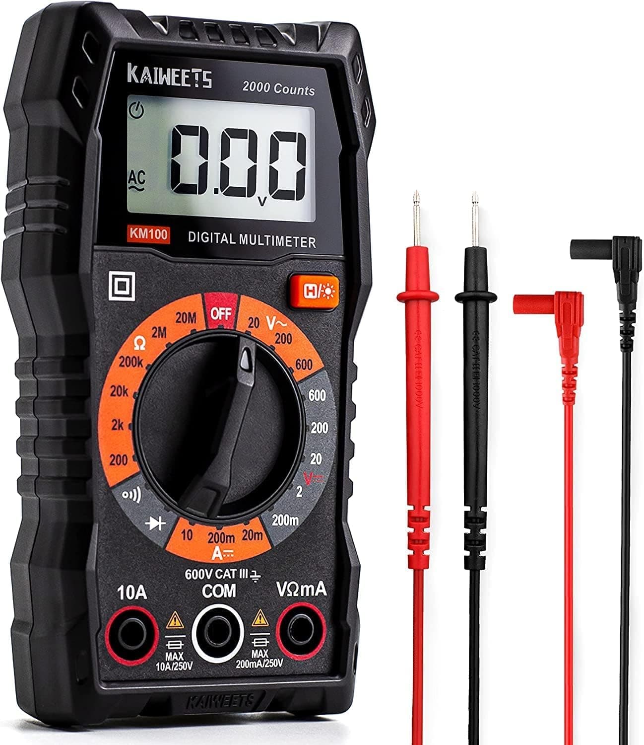 KAIWEETS KM100 Multímetro Digital, Polimetro para Medir Continuidad, Tensión en CA y CC, Amperios en CC, Resistencia, Diodo, Voltímetro con Doble Fusibles y Cables de Prueba