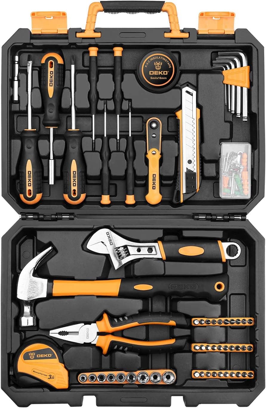 DEKO Caja Herramientas Completa 100 Piezas, Maletin caja de Herramientas Bricolaje para el Hogar, Oficia y Coche, con Juego de Destornilladores, Martillo, y Set de Alicates para Mantenimiento Diario