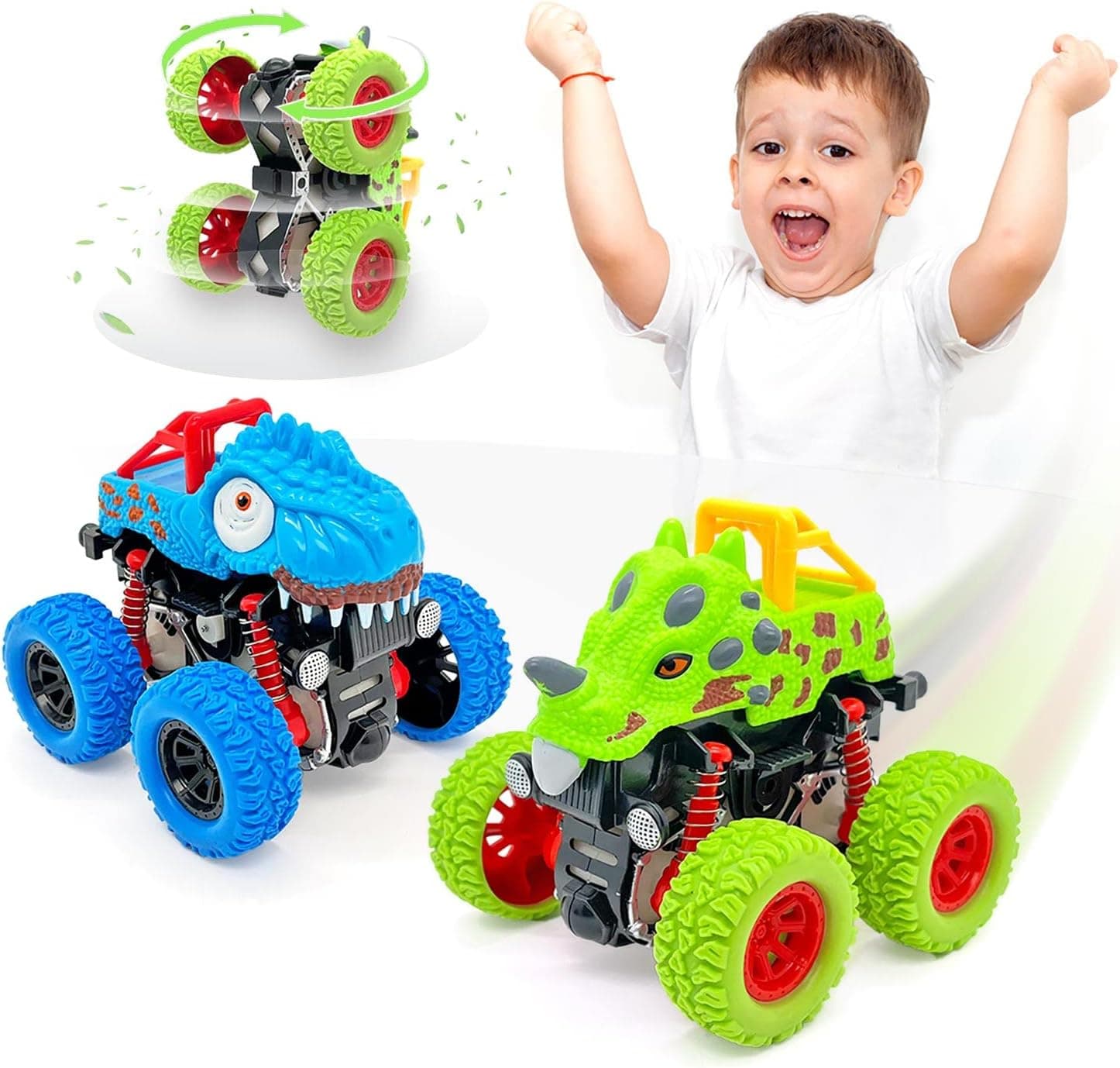 Car Toys for 2 Year Old Boy, 2-Pack Dinosaur Monster Truck Toy Cars for 2 3 Year Old Boys Gifts, Pull Back Friction Inertia Vehicles Birthday Gifts for Kids Toddler Boys Toys Age 2 3 4 5