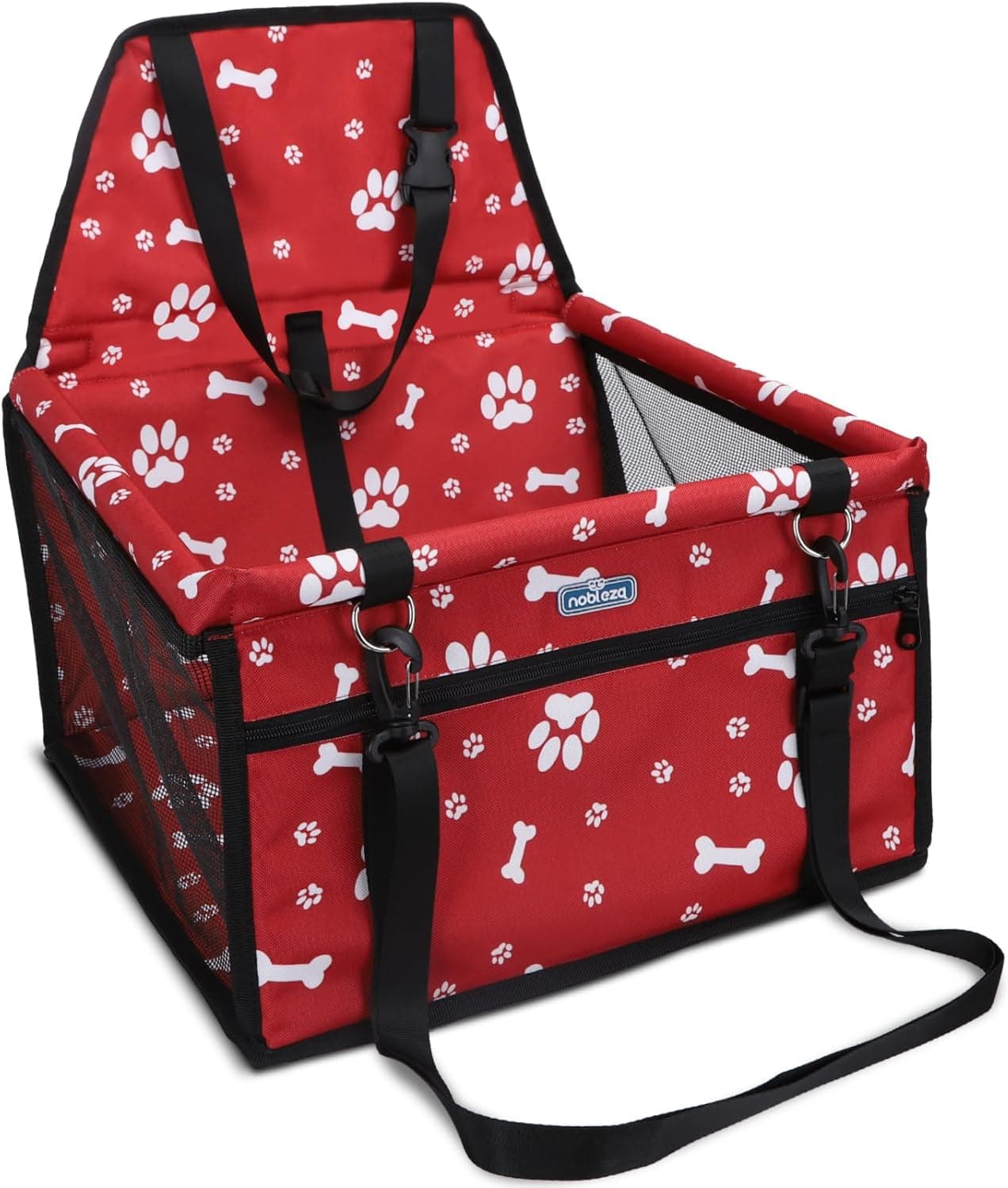 Nobleza Seggiolino Auto per Cani Piccola Taglia e Gatti, Trasportino Cane Auto con Tasca con Cerniera e Cintura di Sicurezza, Impermeabile e Pieghevole, Rete Traspirante, 40x34x25cm, Rosso