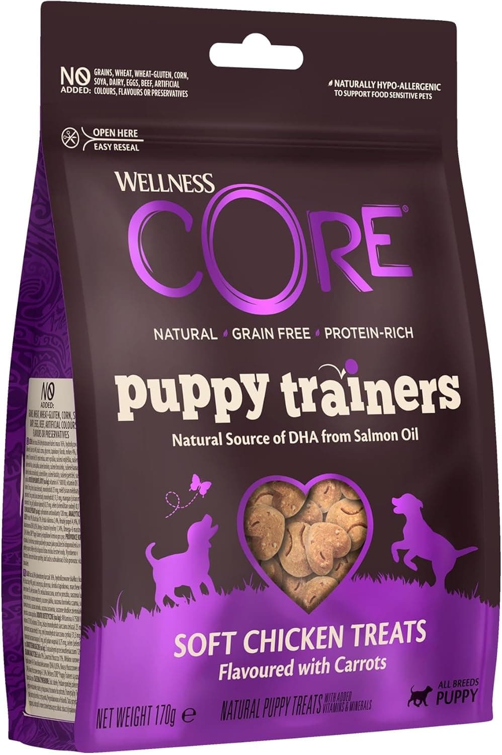 Wellness CORE Puppy Trainers 170g, Chicken & Carrots – Soft Dog Treats for Puppies, Grain-Free, Natural, Hypoallergenic, Protein-Rich, High Meat Content, Ideal Size for Training