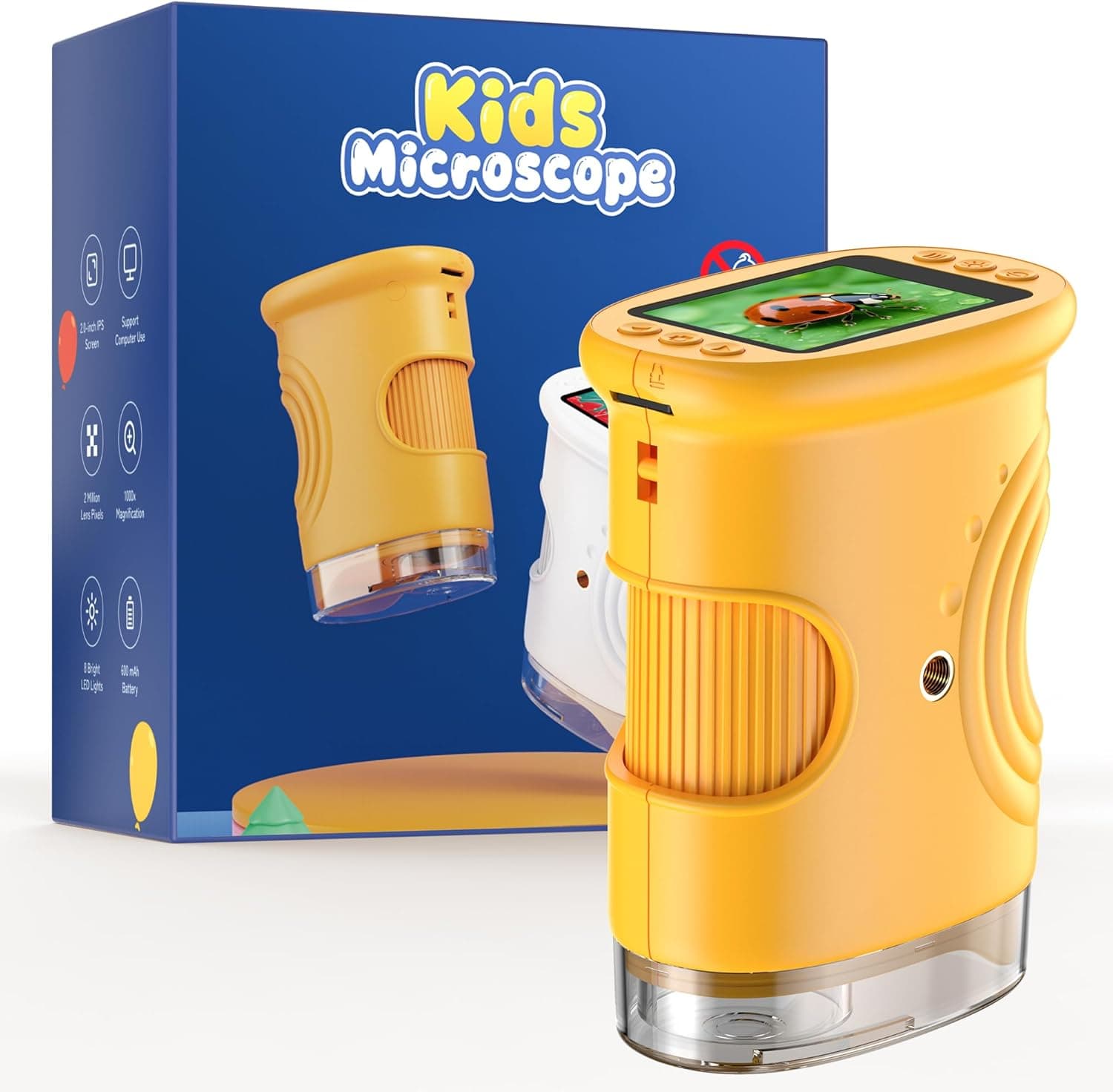 1000X Digital Mikroskop für Kinder Lupe: Handy Taschenmikroskop mit 2.0" IPS Bildschirm & 8 LED Licht - Geschenk ab 3-6 6-12 Jährige - Mini Magnifying Glass - Kids Gartenspielzeug Gelb