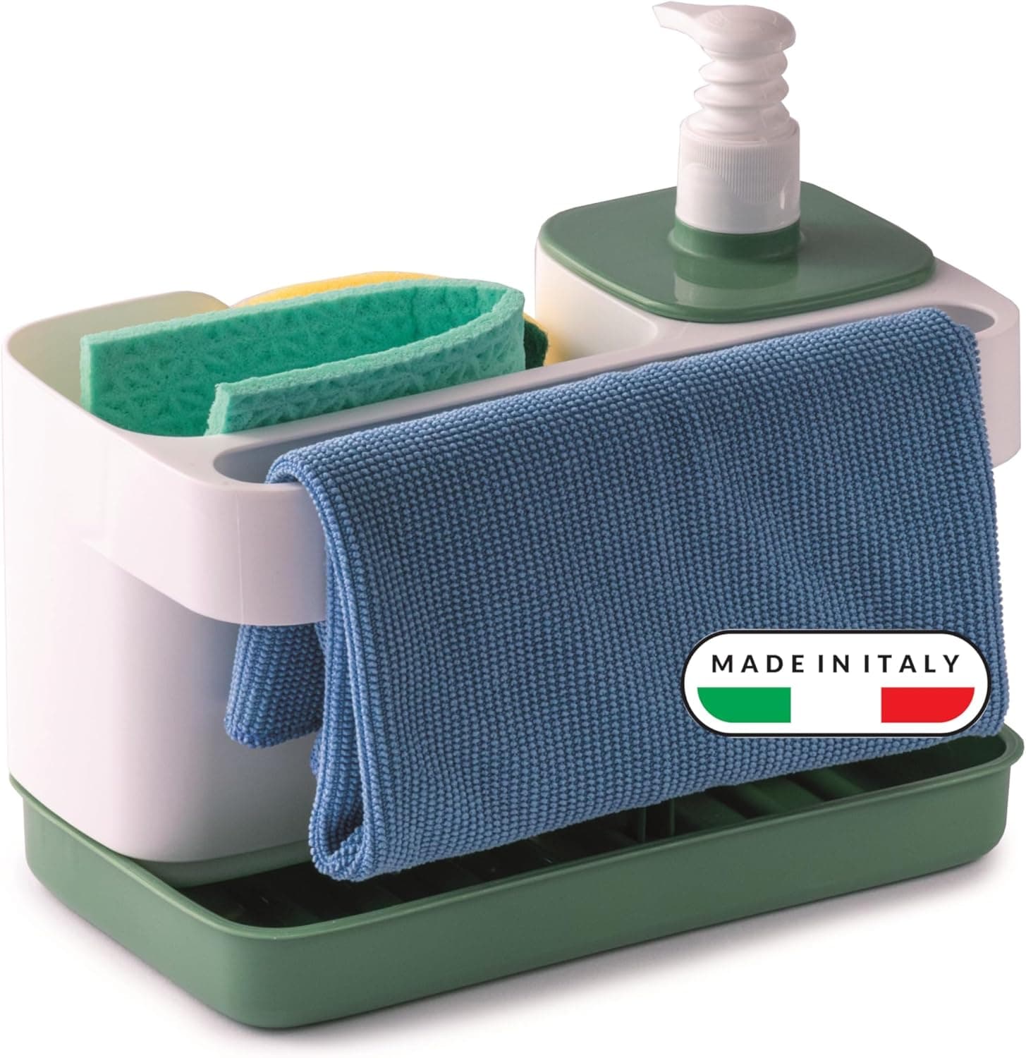 Snips Riordinello Porta Spugne Lavello Cucina 3 in 1, Dispenser Sapone 400 ml con Dosatore, Porta Strofinacci e Organizer Lavello, Accessorio Salvaspazio Cucina, 21 x 12 x 18 cm, Made in Italy