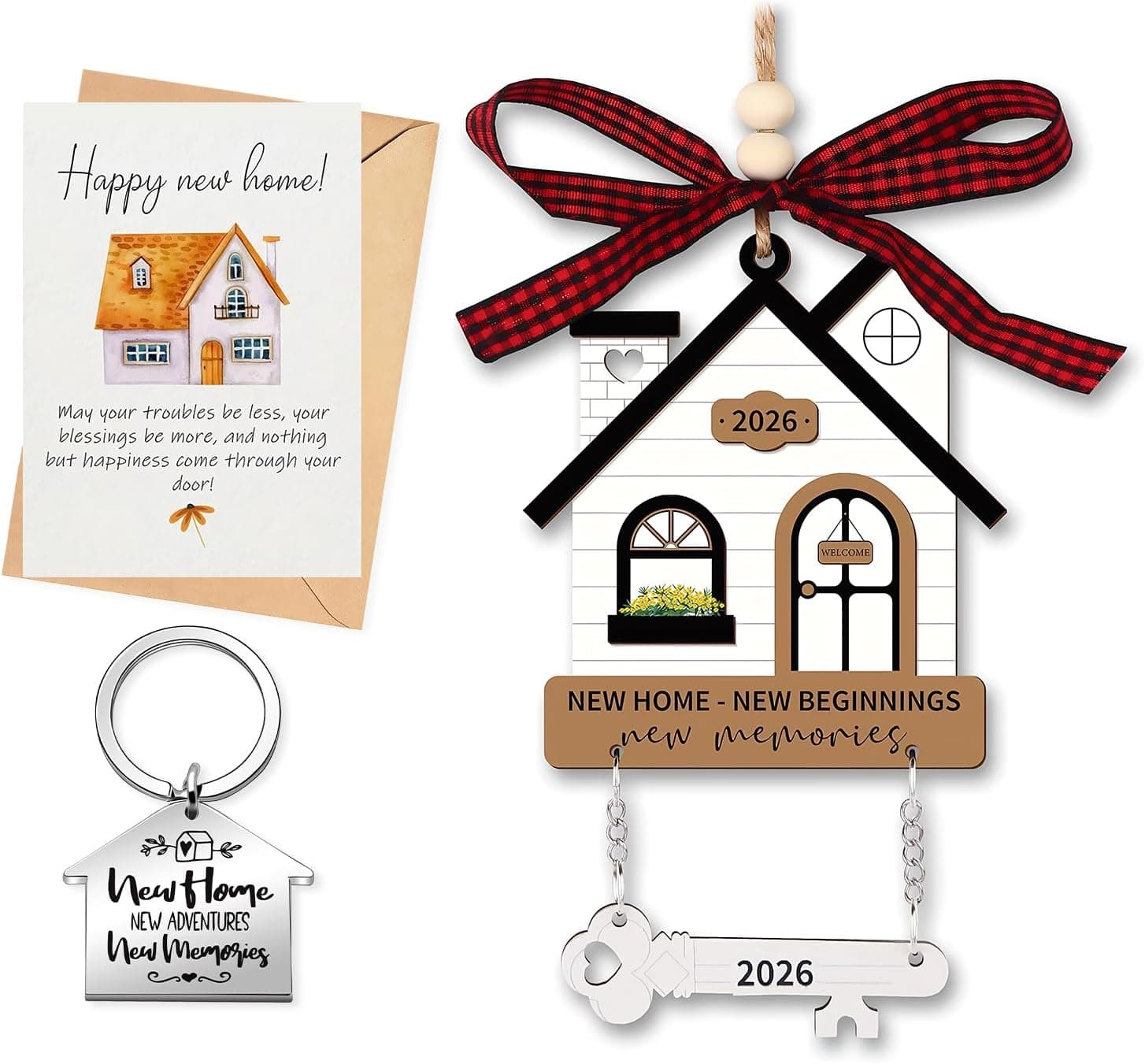 3Pcs Elegant New Home Gifts Set, Wooden House Ornament, New Home Keyring & Greeting Card, Perfect House Warming Gifts, Decoration