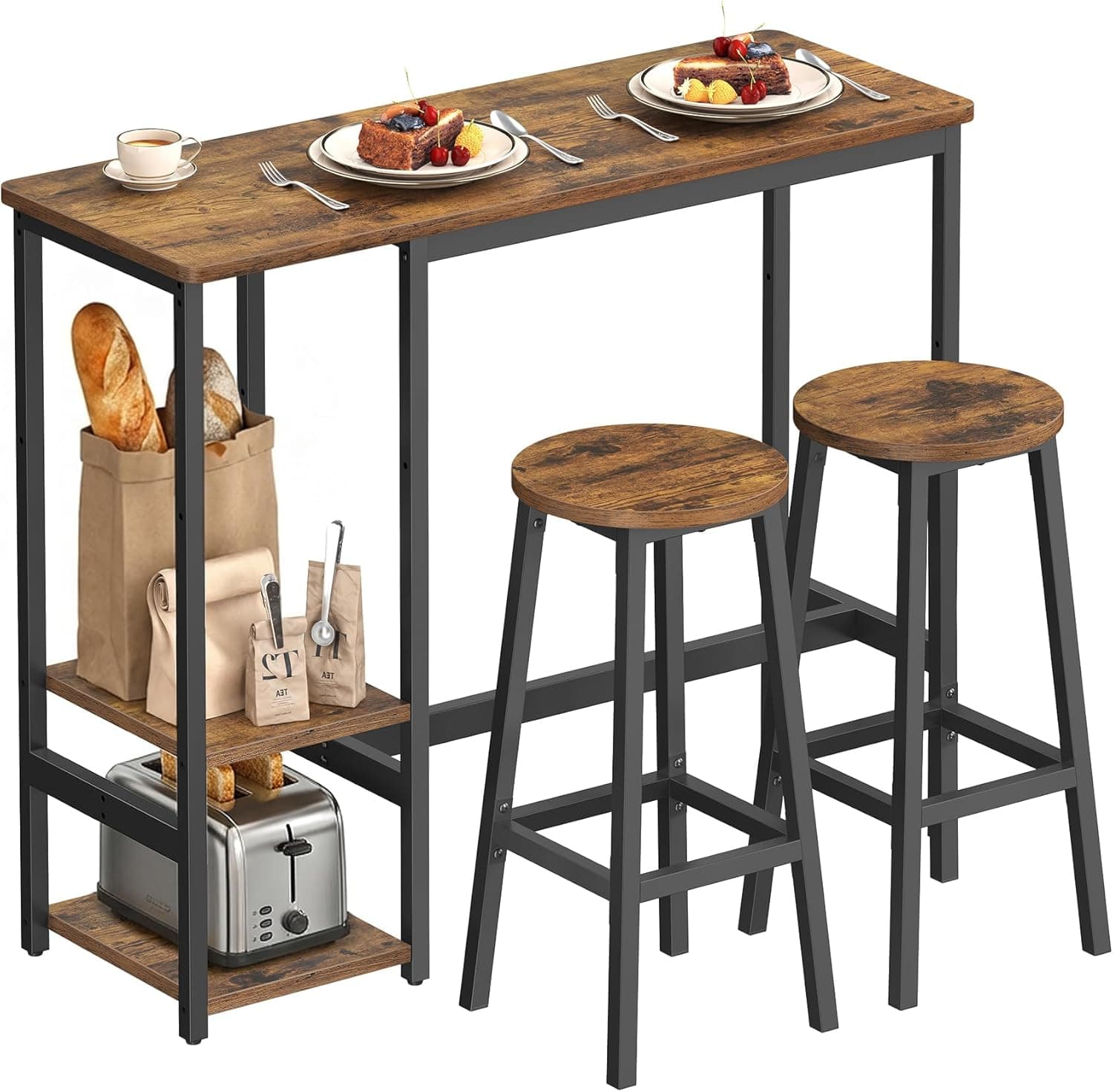VASAGLE Tavolo con 2 Sgabelli da Cucina, Set da Pranzo, con Ripiani, Soggiorno Cucina, Struttura in Acciaio, Facile da Montare, Marrone Vintage e Nero Inchiostro LBT220KD01