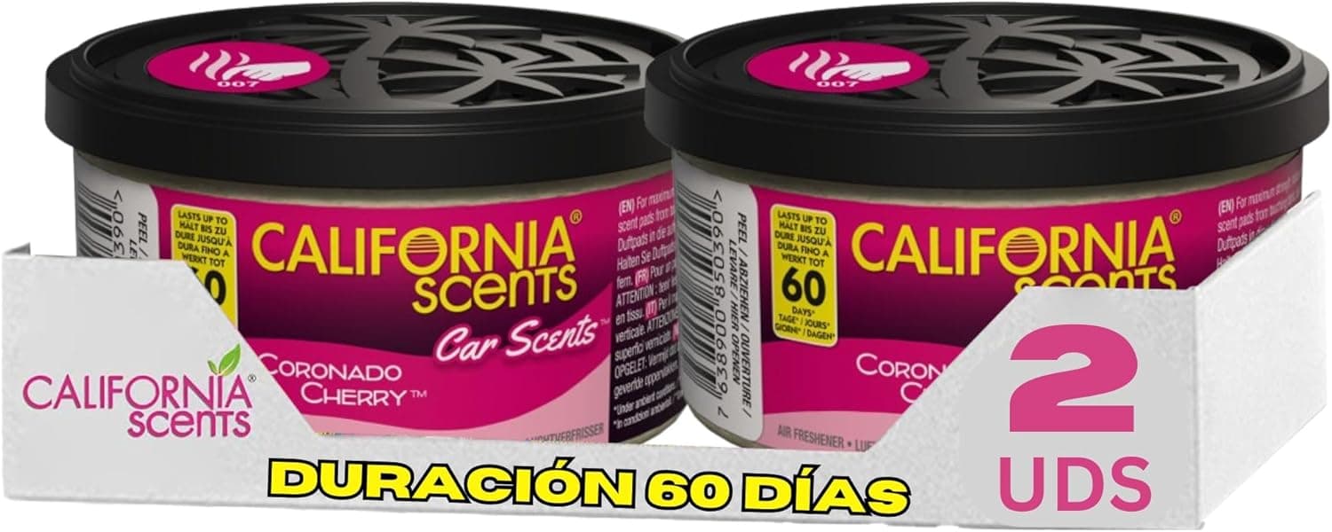 California Scents Pack de 2 - Ambientador de Coche con Fragancia, Olor y Esencias a Coronado Cherry, Olor Piruleta de Cereza (Ambientador en Lata 42 gramos)
