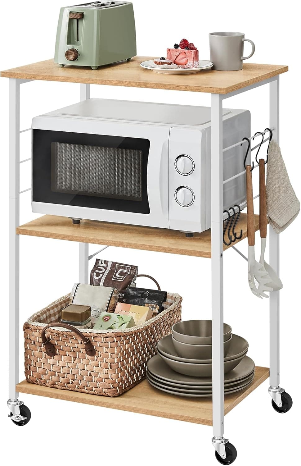 VASAGLE Carrello da Cucina con Rotelle, Carrello di Servizio con 3 Ripiani, Scaffale per Microonde, Struttura Metallica con 6 Ganci, 40 x 60 x 89 cm, Rovere Dorato e Bianco Nuvola KKS060Y09