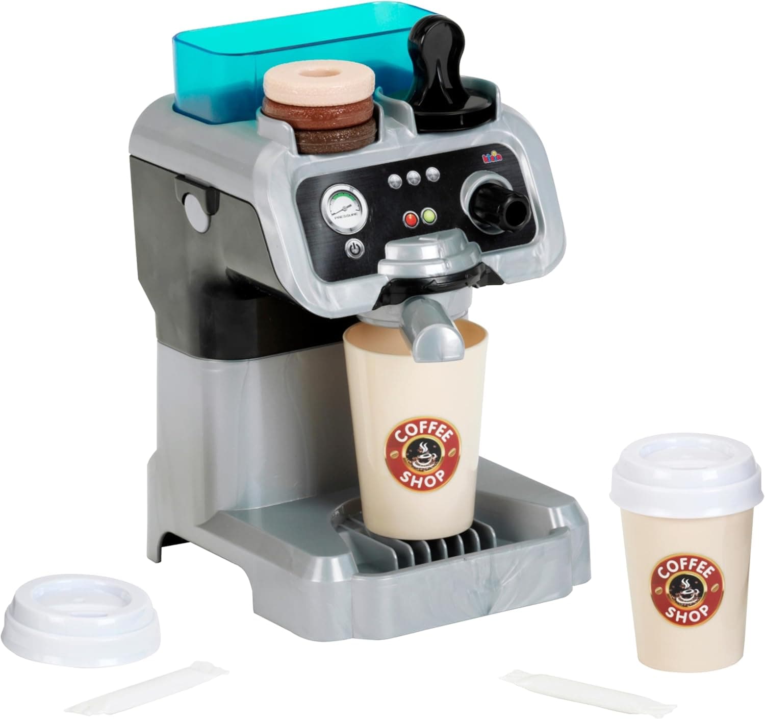 Theo Klein 9510 Barista Kaffeemaschine I Mit Wassertank und Durchlauffunktion I Inkl. Kaffeepads, Stempel, Bechern u.v.m. I Spielzeug für Kinder ab 3 Jahren