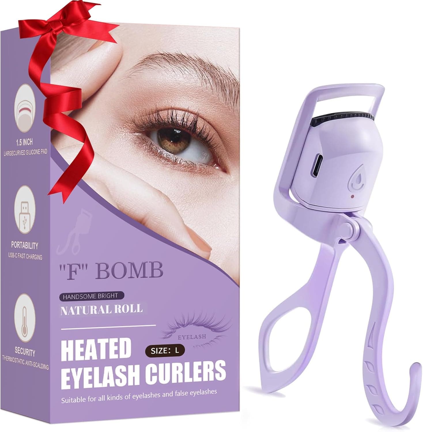 Heated Eyelash Curler, 5s Fast Heat Rechargeable Electric Lash Curler with Anti-Burn Silicone Pad, C-Shaped Wide Clamp for Natural Long-Lasting Curls, Auto Shut-Off, Type-C Travel Makeup Tool, Purple