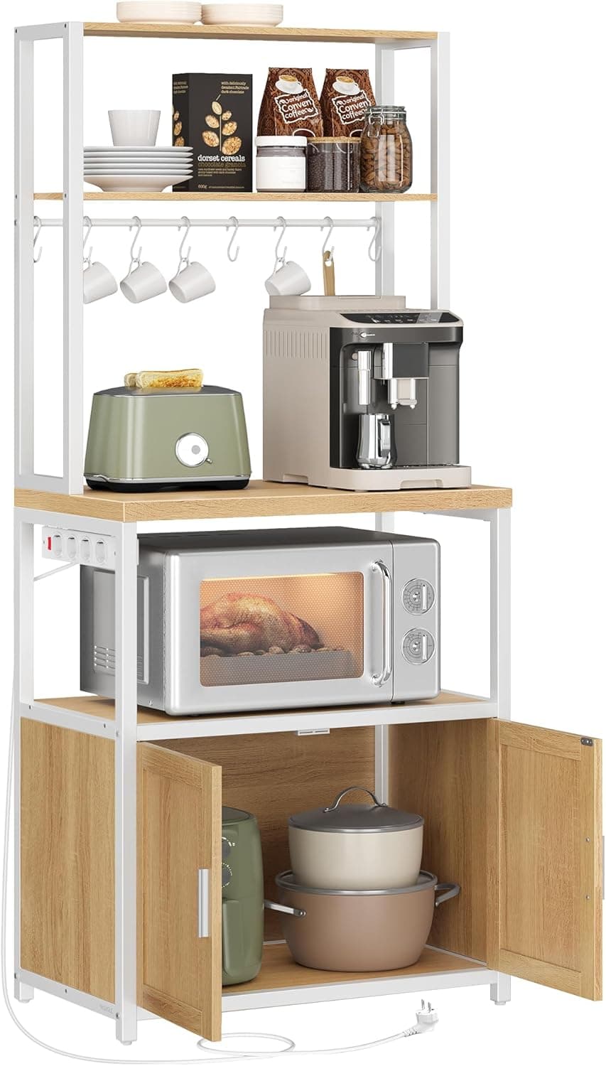 VASAGLE Scaffale Cucina con Prese, con Piano Alto 90 cm, Scaffale per Microonde con 8 Ganci, 40 x 60 x 170 cm, Rovere Dorato e Bianco Nuvola KKS058Y02