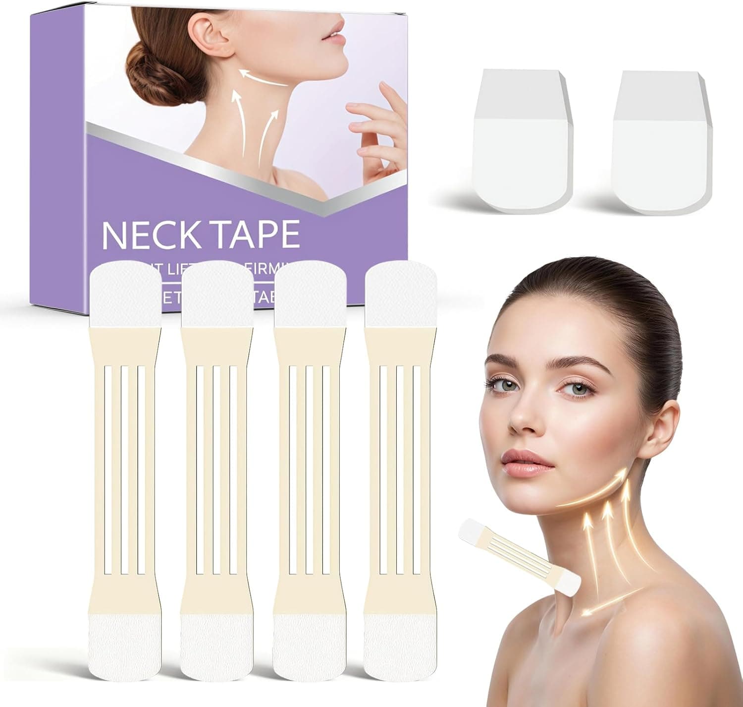 Lot de 24 patchs Adhésif De Lifting du Cou, Autocollant De Levage du Cou, 20 Patchs Invisibles + 4 Élastiques, Accessoire De Beauté Anti-Âge Pour Contour V Instantané, Visage, Yeux