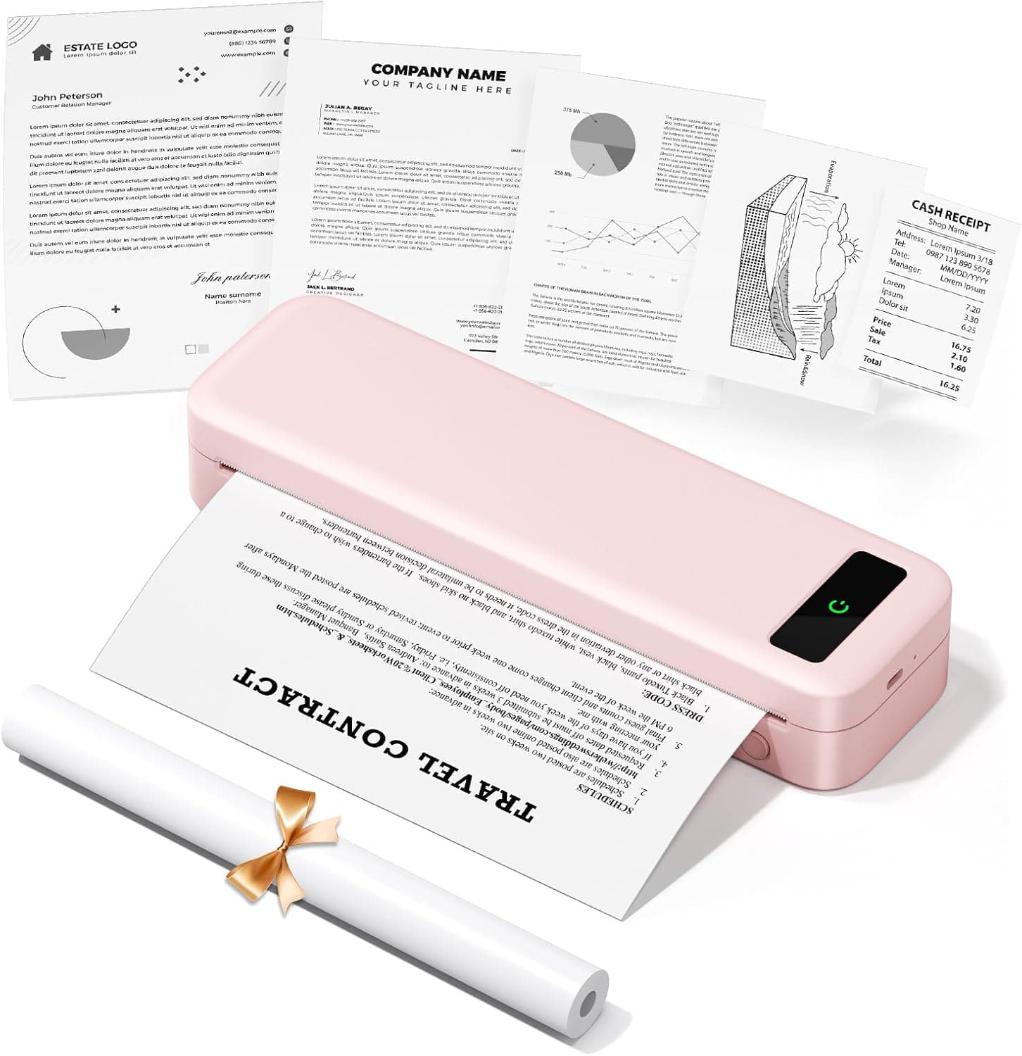Imprimante Thermique Portable A4 sans Encre - Bluetooth sans Fil Compatible avec iOS et Android - Mini Imprimante Petite pour Papier Thermique 216/210/110/80/53mm, Mac, Windows, Reçus, 599g - Rose