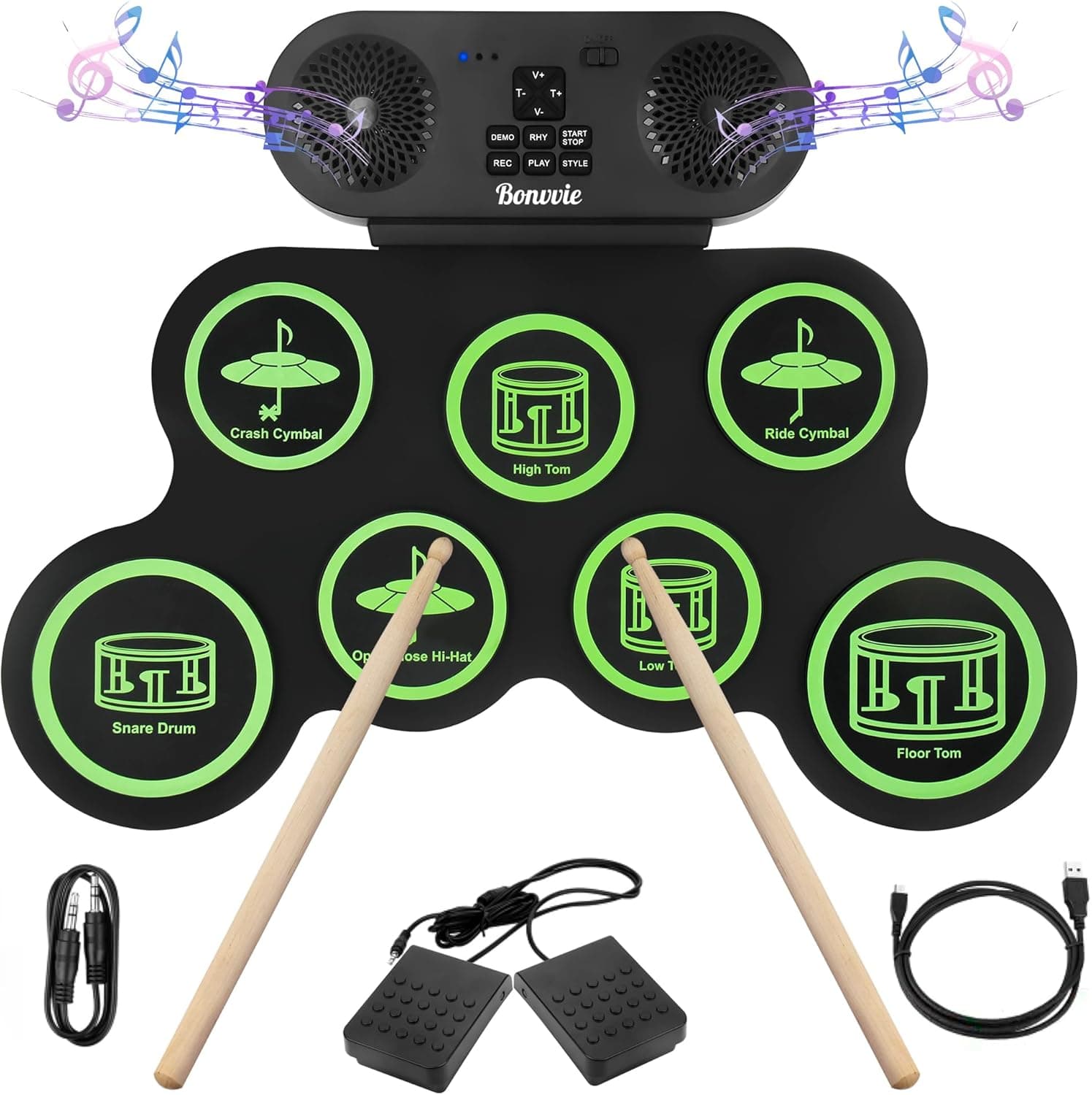 Batería Electrónica E-Drum Kit, Bonvvie Roll Up Digital Drum Recargable con 7 pads, MIDI, DTC, Altavoces Duales Incorporados, Ideal para Principiantes, Estudiantes y Entusiastas de la Música