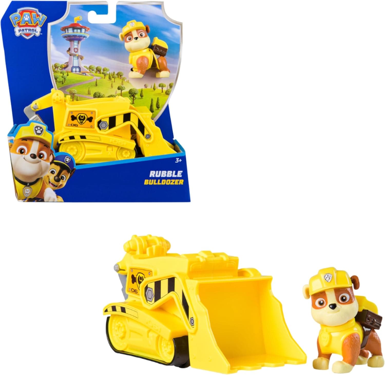 PAW PATROL - Rubble-Figur mit Bulldozer-Baufahrzeug, stabiles Basis-Fahrzeug, authentisches Spielzeug zur Serie für Kinder ab 3 Jahren