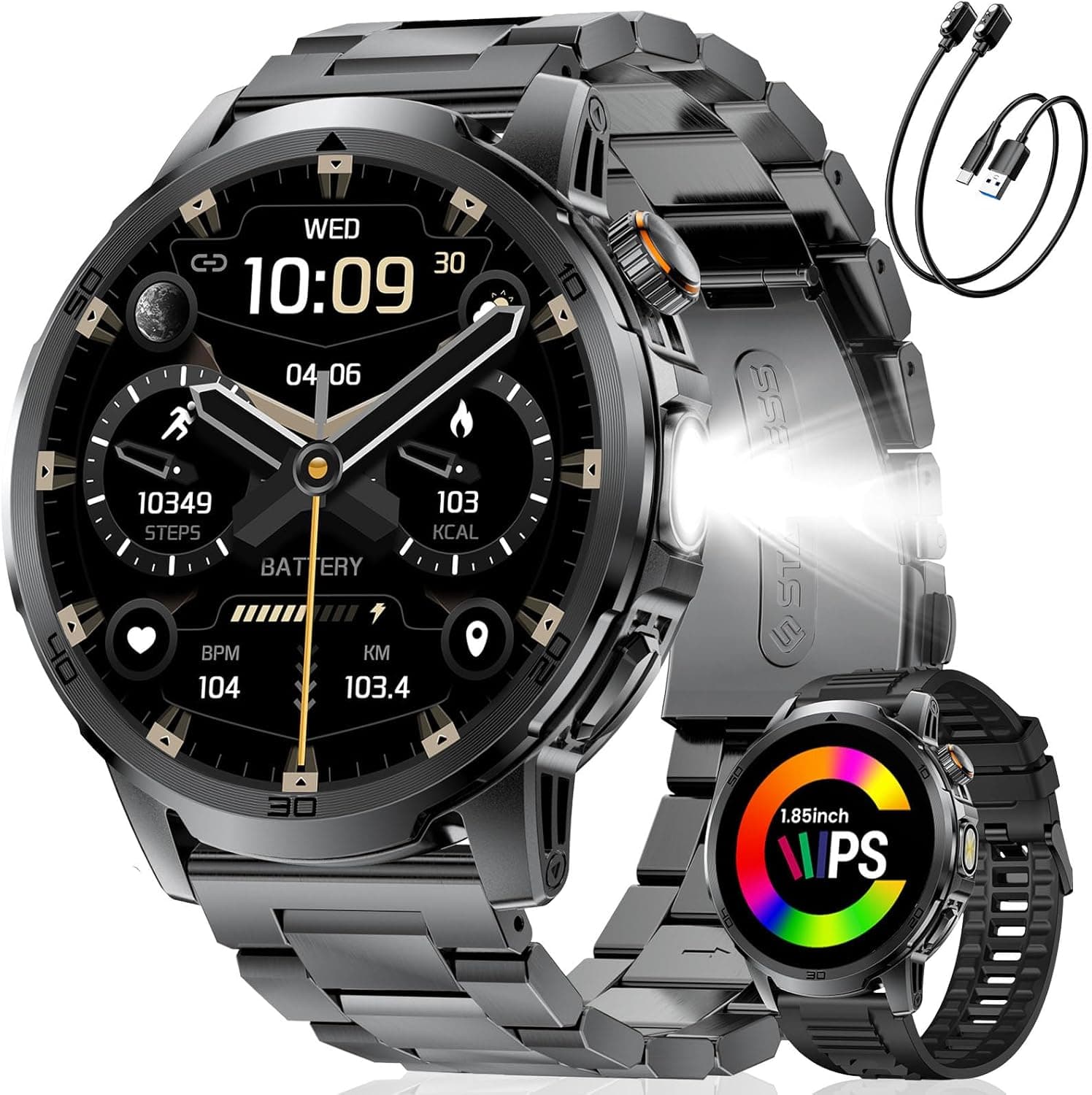 Military Smart Watch for Men Answer/Make Call, 1.85'' HD Rugged Smartwatch with 1000mAh Battery/Flashlight/Heart Rate/110+ Sports Mode, IP68 Waterproof Fitness Tracker Watch for Android iPhone
