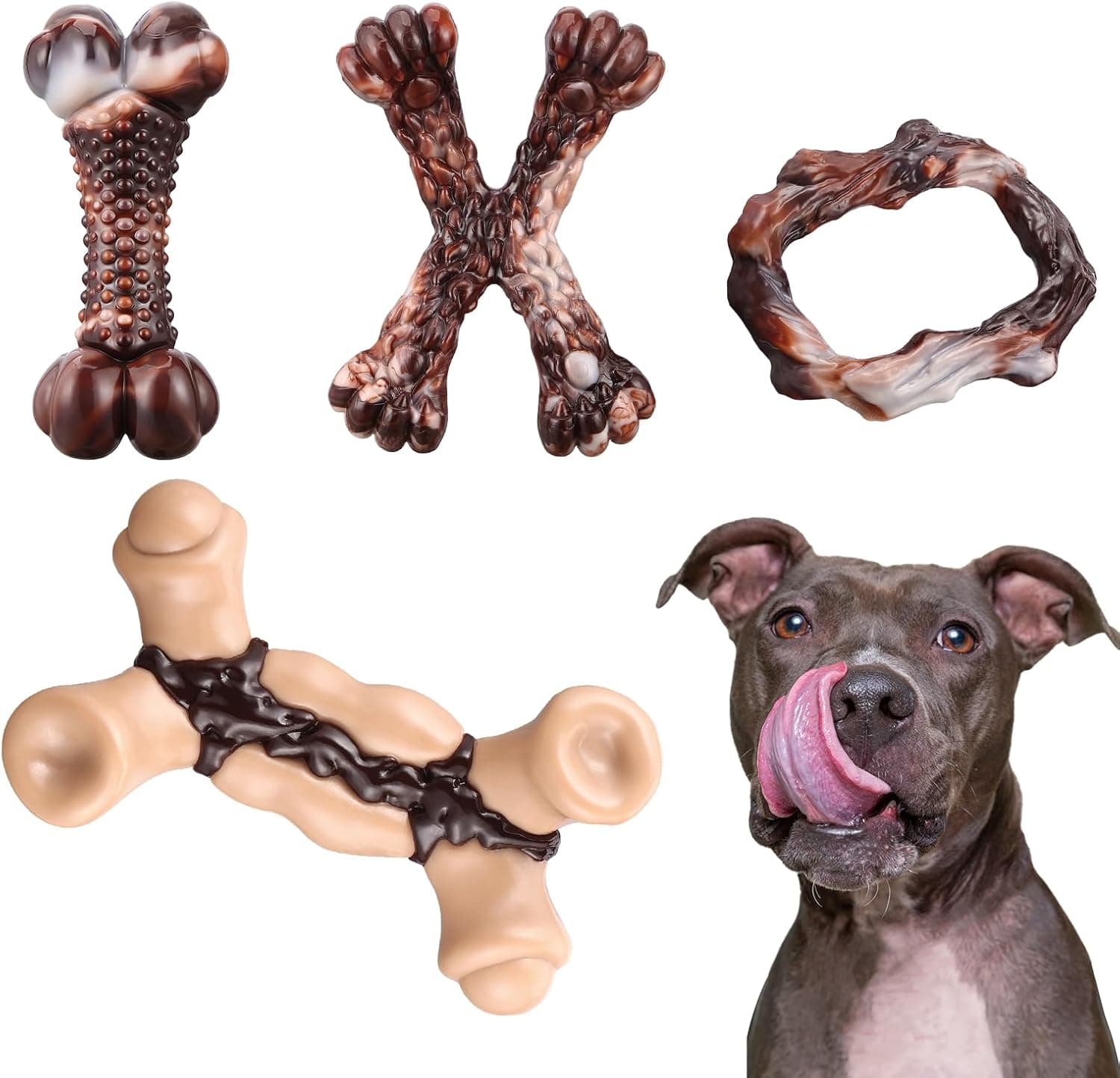 Indestructible Dog Toys for Aggressive Chewers, Tough Nylon Dog Chew Toys for Large Dogs, Durable Bacon Flavored Dog Bones, 4 Pack