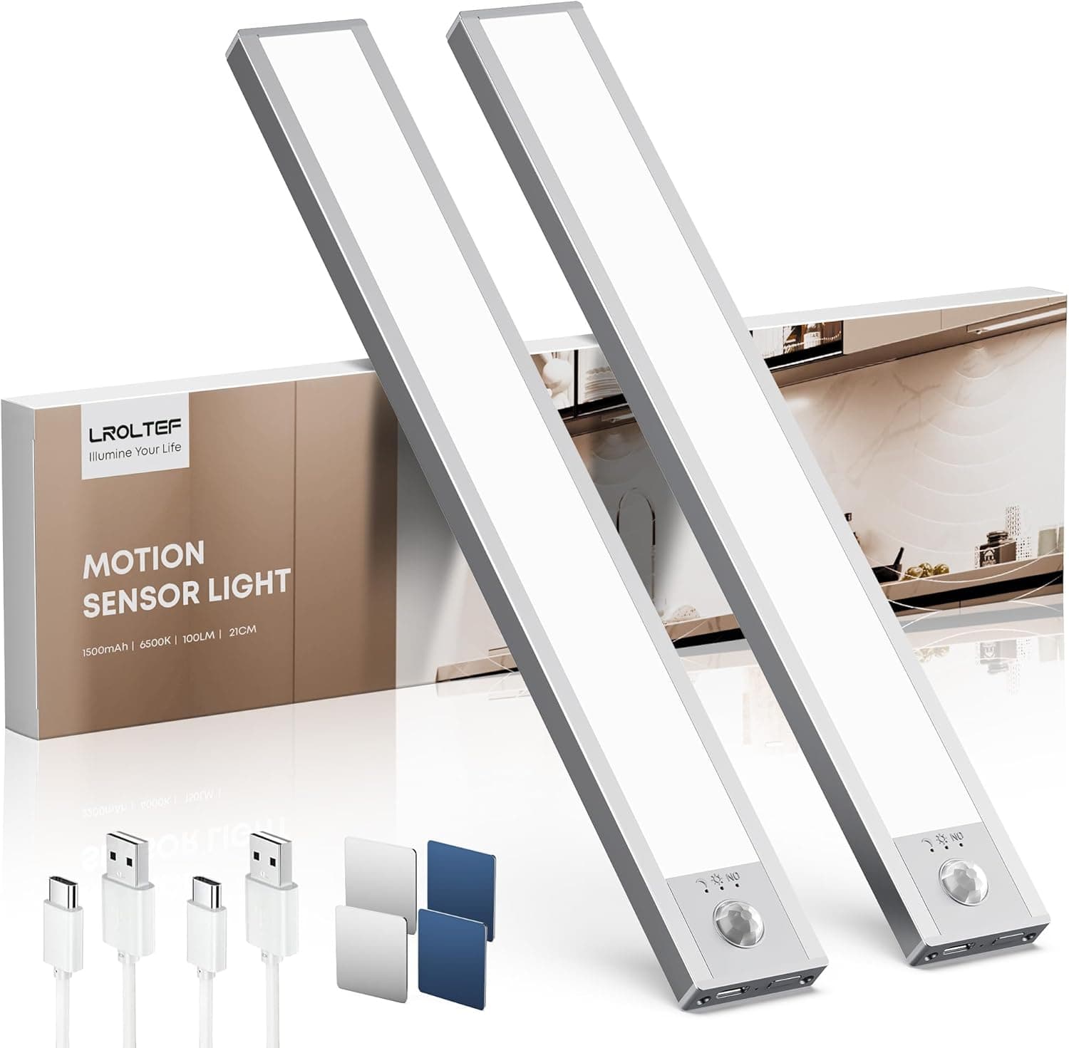 LROLTEF Schrankbeleuchtung Led Lampe mit Bewegungsmelder - 21cm 1500mAh Unterbauleuchte Küche Licht Aufladbar mit Sensor - Dimmbar Schranklicht Treppenlicht - Vitrinenbeleuchtung Magnetische | 2 Stück