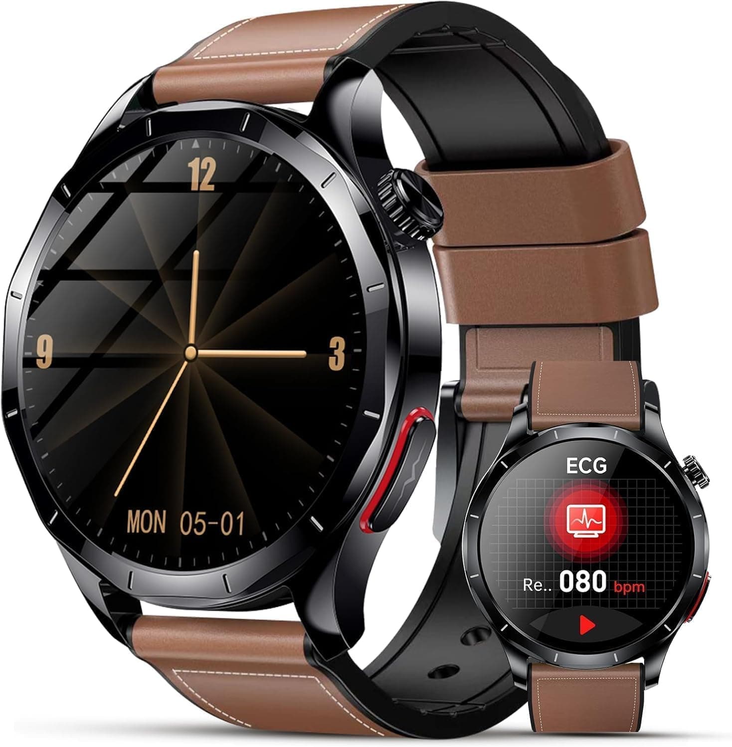 2026 Neu Smartwatch Herren mit EKG/HRV/BMI/Harnsäure, 1,43" AMOLED Gesundheitsuhr mit 24H Blutdruck SpO2 Schlafmonitor SOS-Notruf Fitnessuhr Android/iOS (Braunes Leder)