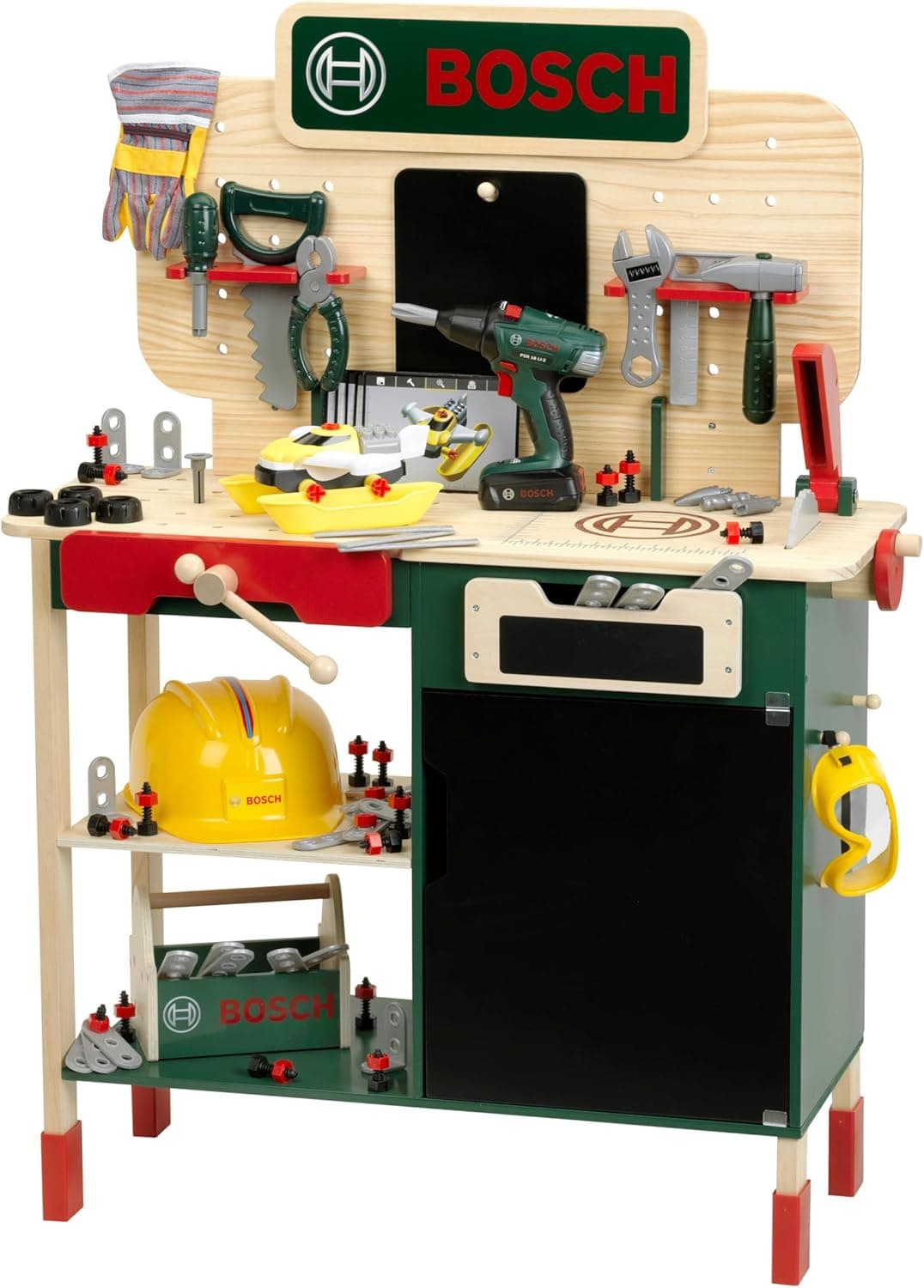 Theo Klein 8734 Banco de Trabajo de Madera de Bosch y Banco de Trabajo Resistente para niños, Regulable en Altura y Taladro inalámbrico eléctrico, Herramientas con Efectos de luz y Sonido