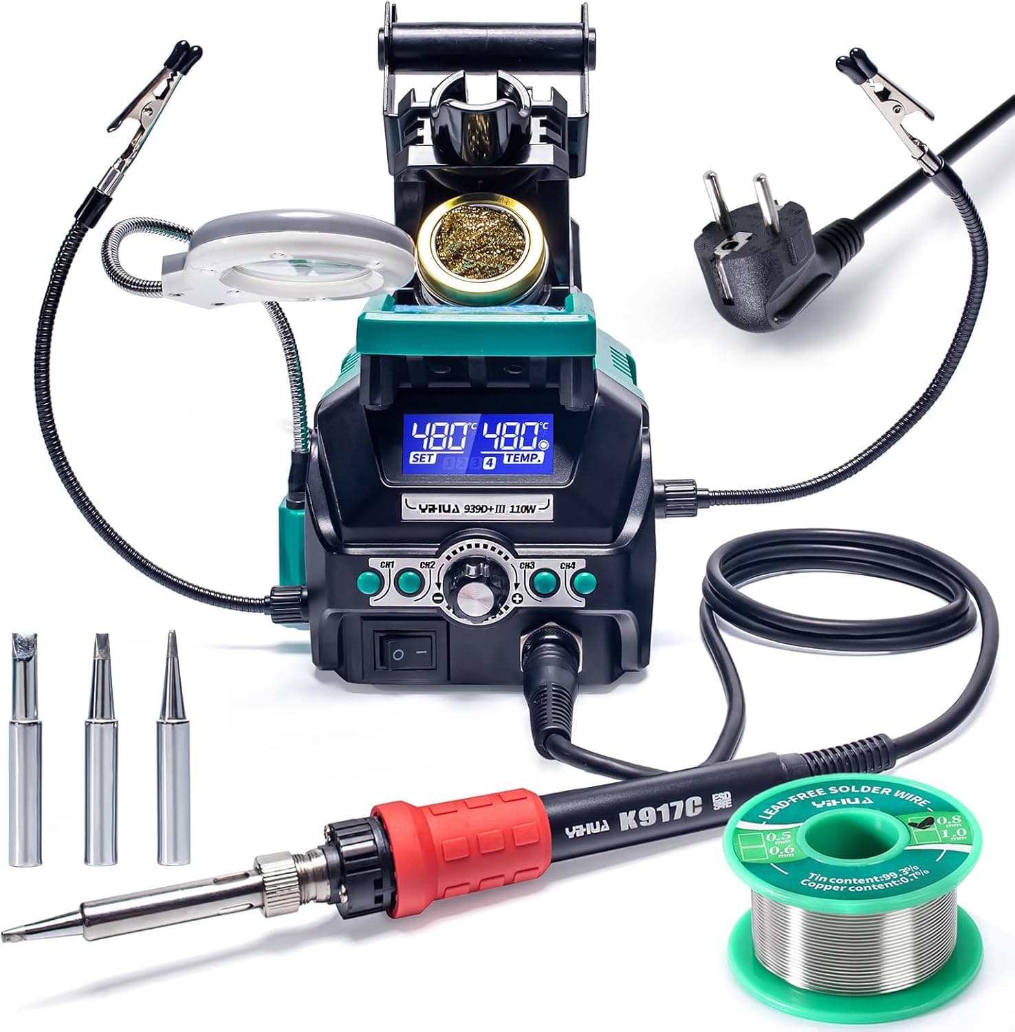 YIHUA 939D+ III EVO 110W Station de soudage avec 4 canaux préréglés, système d'affichage à double LCD, 2 mains secourables, une loupe à LCD, et plus encore pour le soudage et le dessoudage(EU PLUG)
