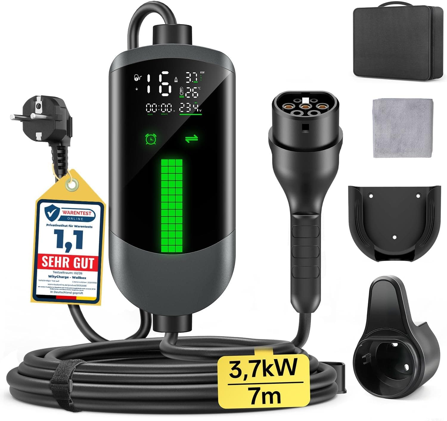 Colonnina Ricarica Auto Elettrica Wallbox - 3,7kW/7M/6-16A Carichino Auto Elettrica Portatile con LCD Digitale e Supporto, Caricabatterie Ritardato, IP65, Compatibile con EVs(IEC 62196-2) & PHEVS
